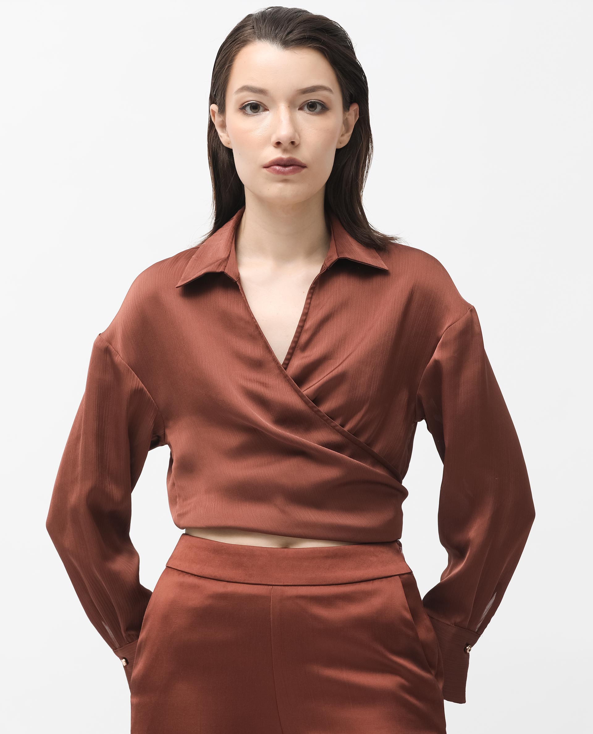 Rareism Women's Andreala Dark Brown Polyester Johnny Collar Plain Regular Fit Top