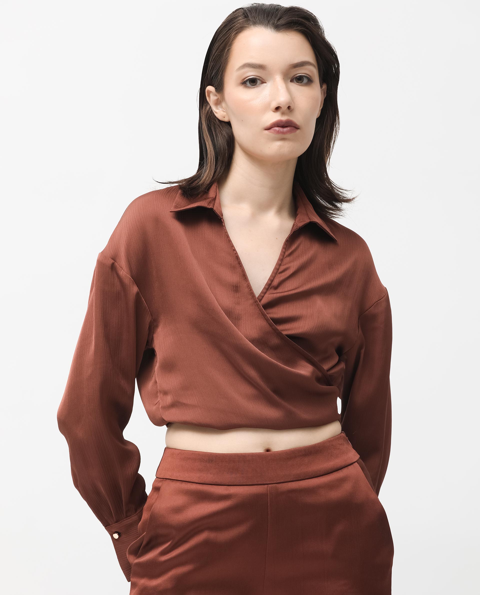 Rareism Women's Andreala Dark Brown Polyester Johnny Collar Plain Regular Fit Top