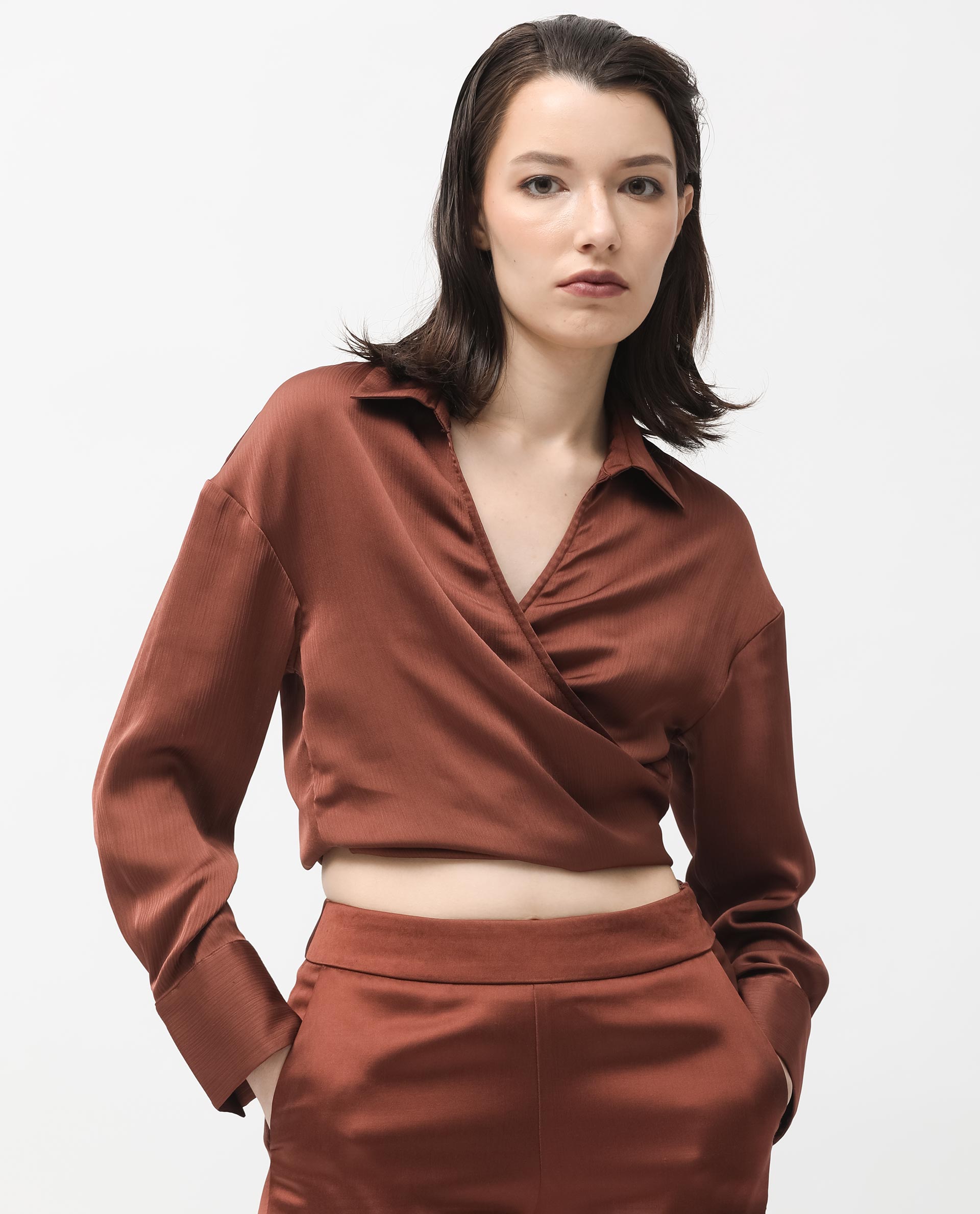 Rareism Women's Andreala Dark Brown Polyester Johnny Collar Plain Regular Fit Top