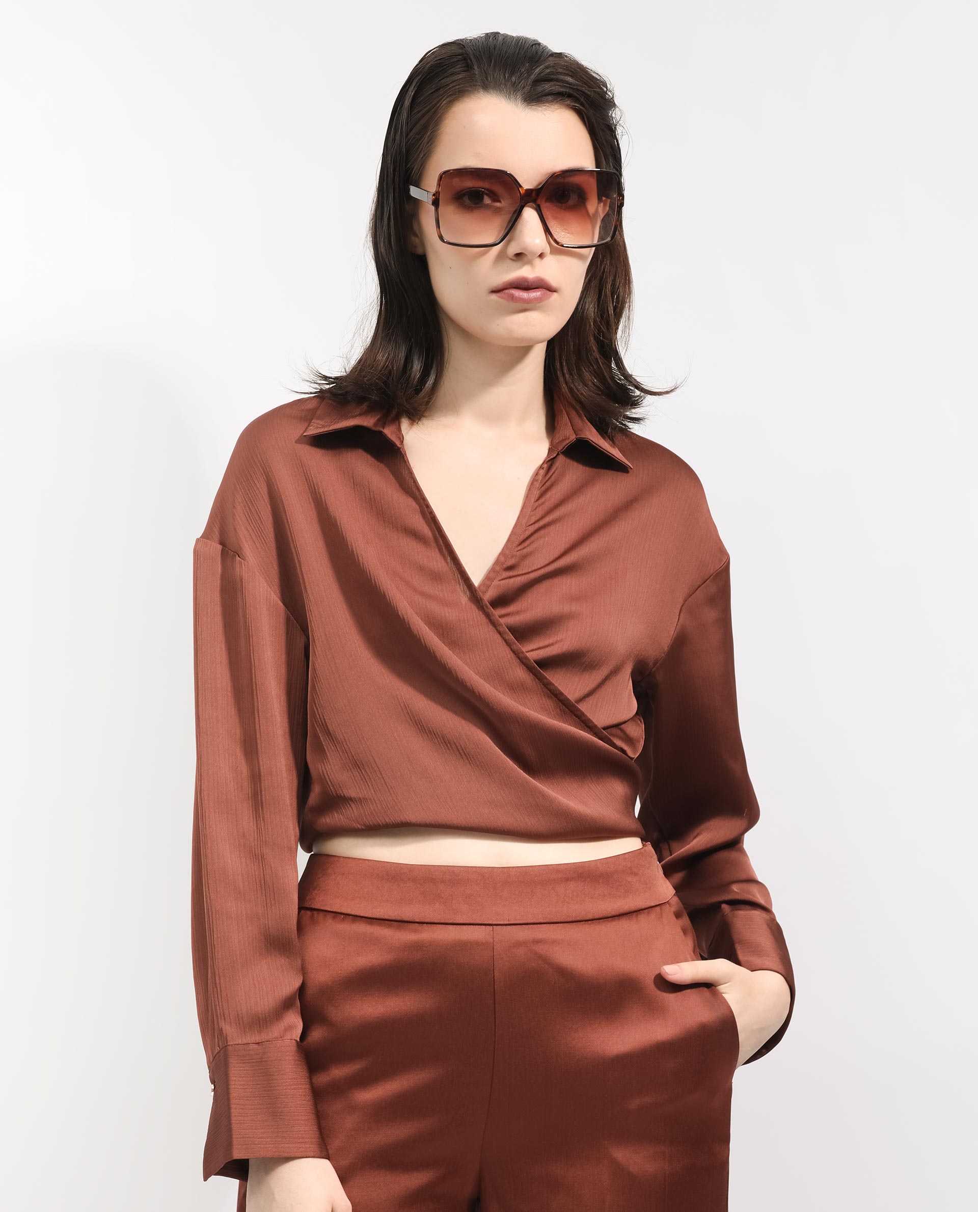 Rareism Women's Andreala Dark Brown Polyester Johnny Collar Plain Regular Fit Top