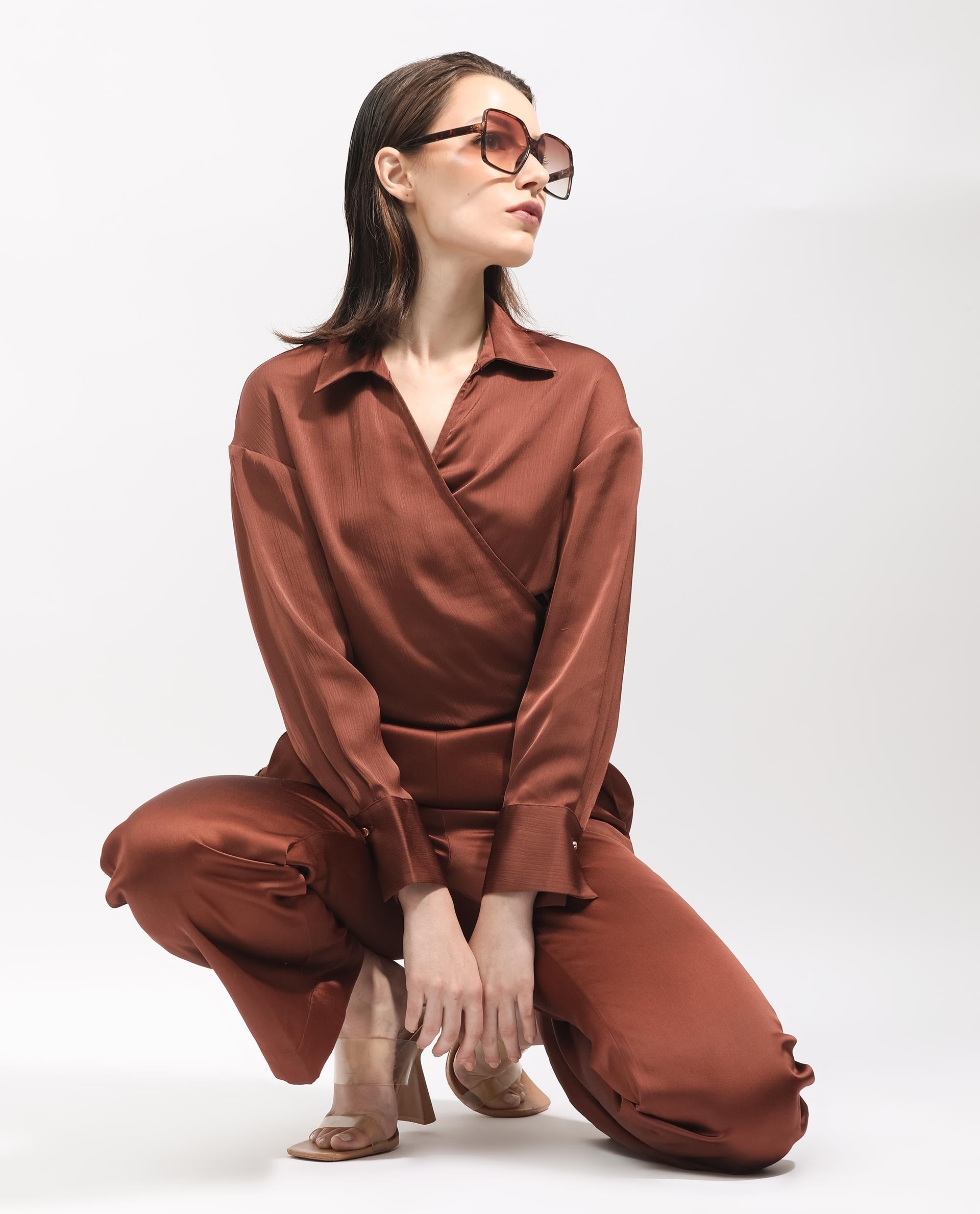 Rareism Women's Andreala Dark Brown Polyester Johnny Collar Plain Regular Fit Top