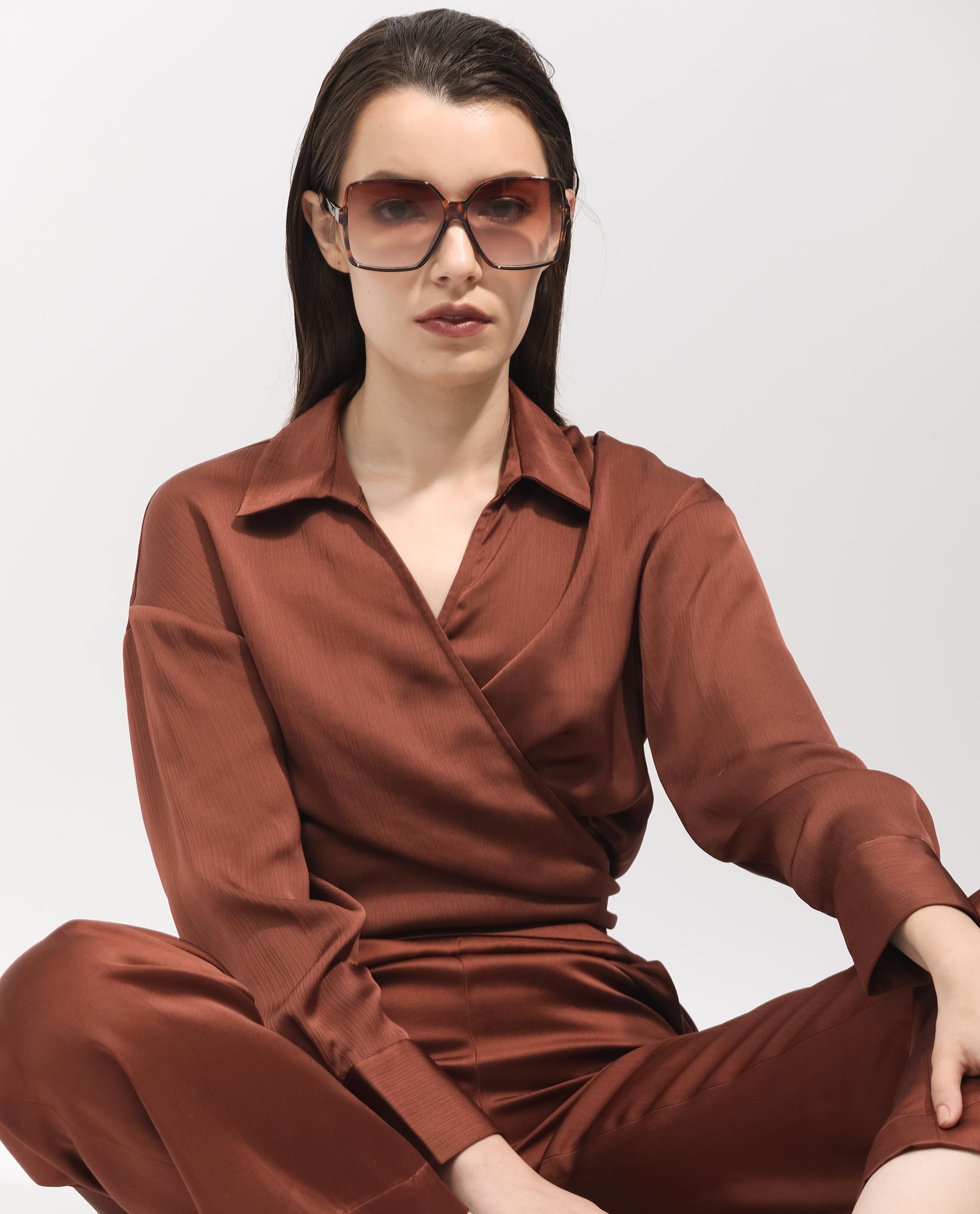 Rareism Women's Andreala Dark Brown Polyester Johnny Collar Plain Regular Fit Top