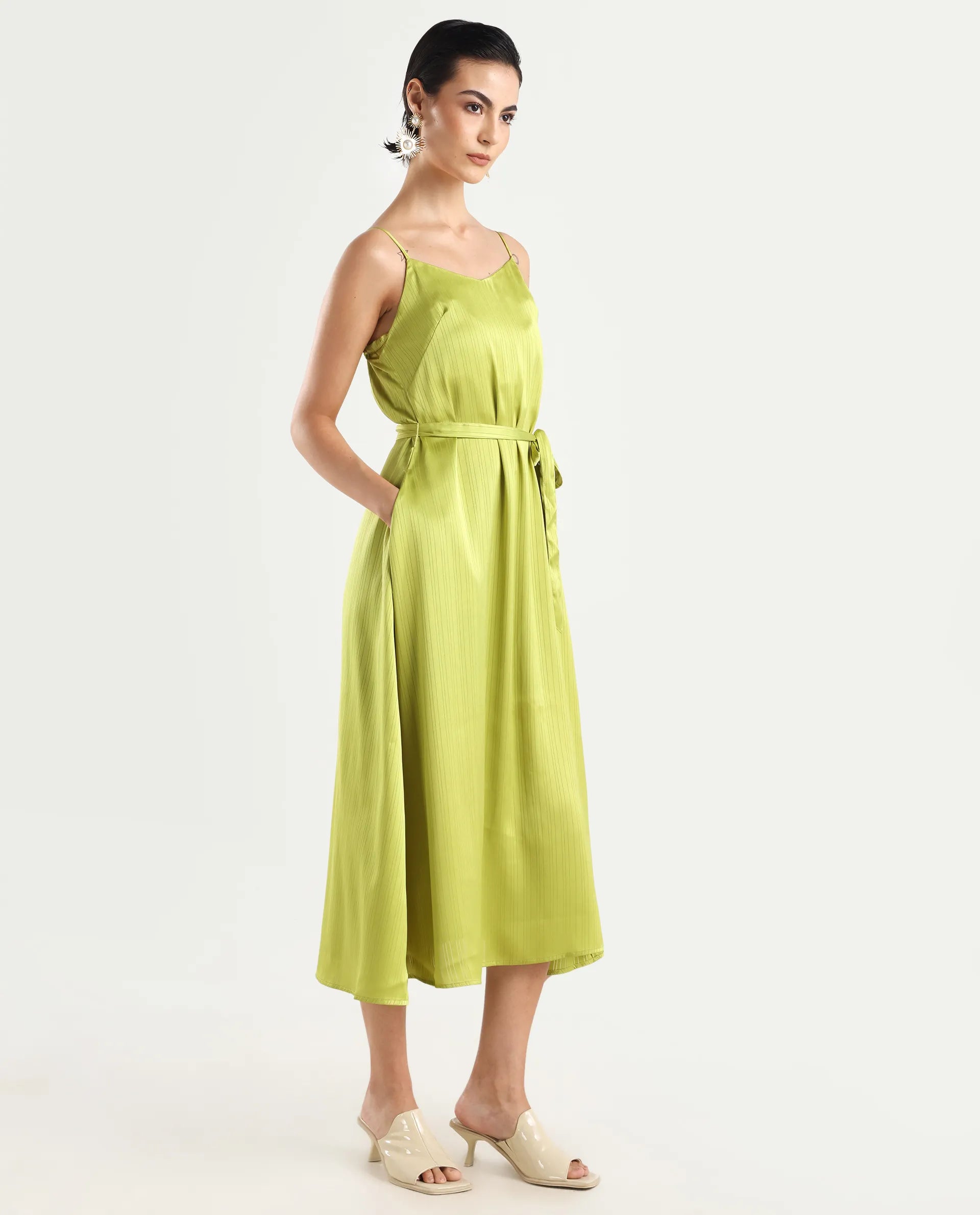 Rareism Women's Andrei Flouroscent Green Shoulder Strap Plain Shoulder Strap Maxi Bodycon Dress