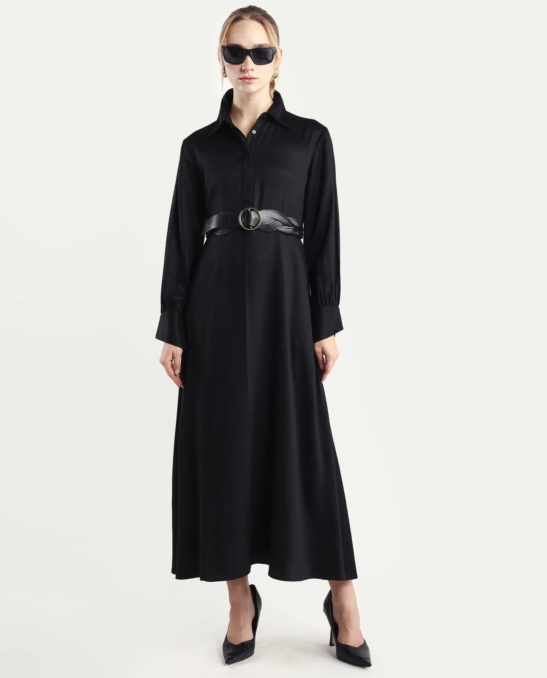 Rareism Women's Ane Black Viscose Full Sleeve Spread Collar Fit And Flare Dress