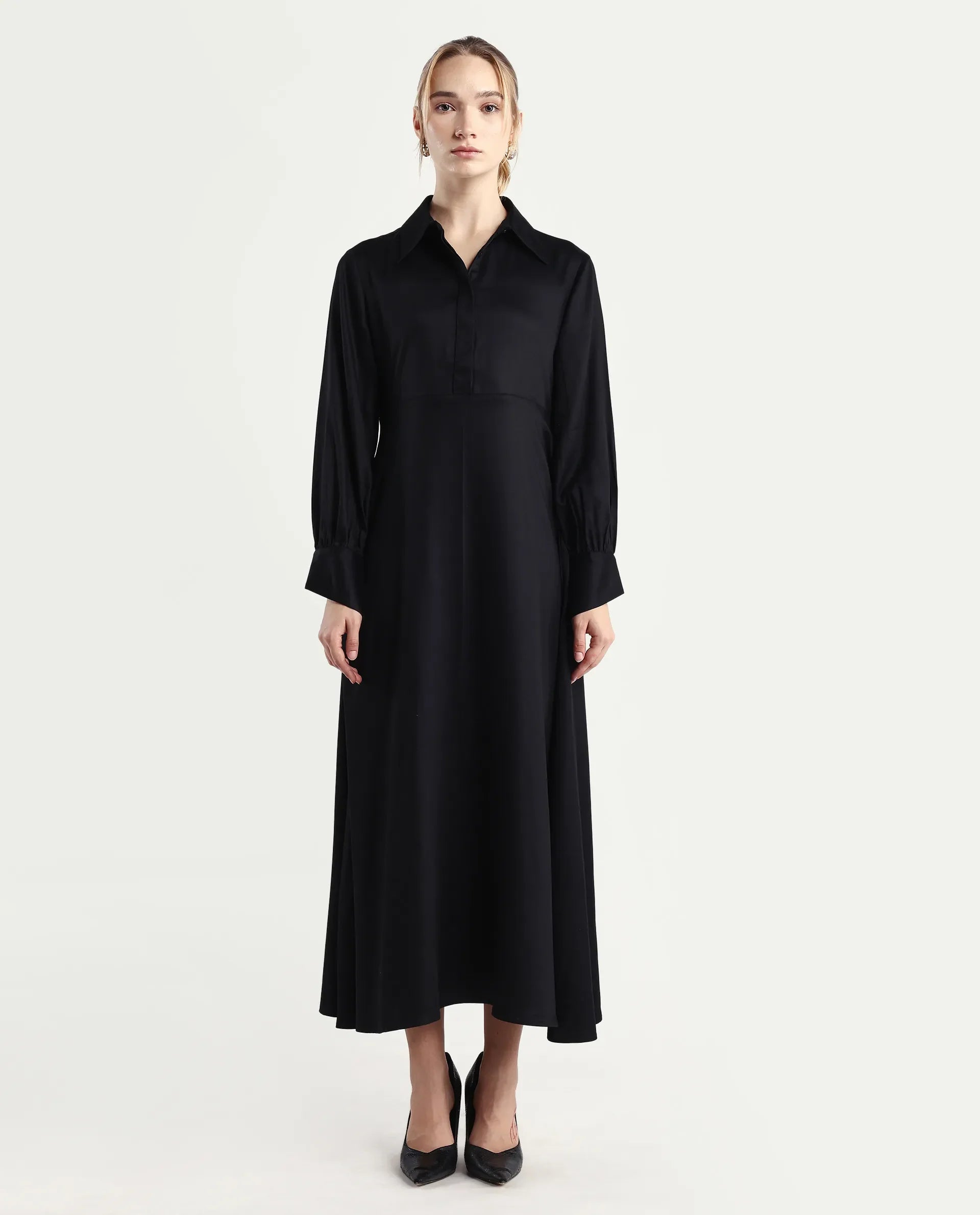 Rareism Women's Ane Black Viscose Full Sleeve Spread Collar Fit And Flare Dress
