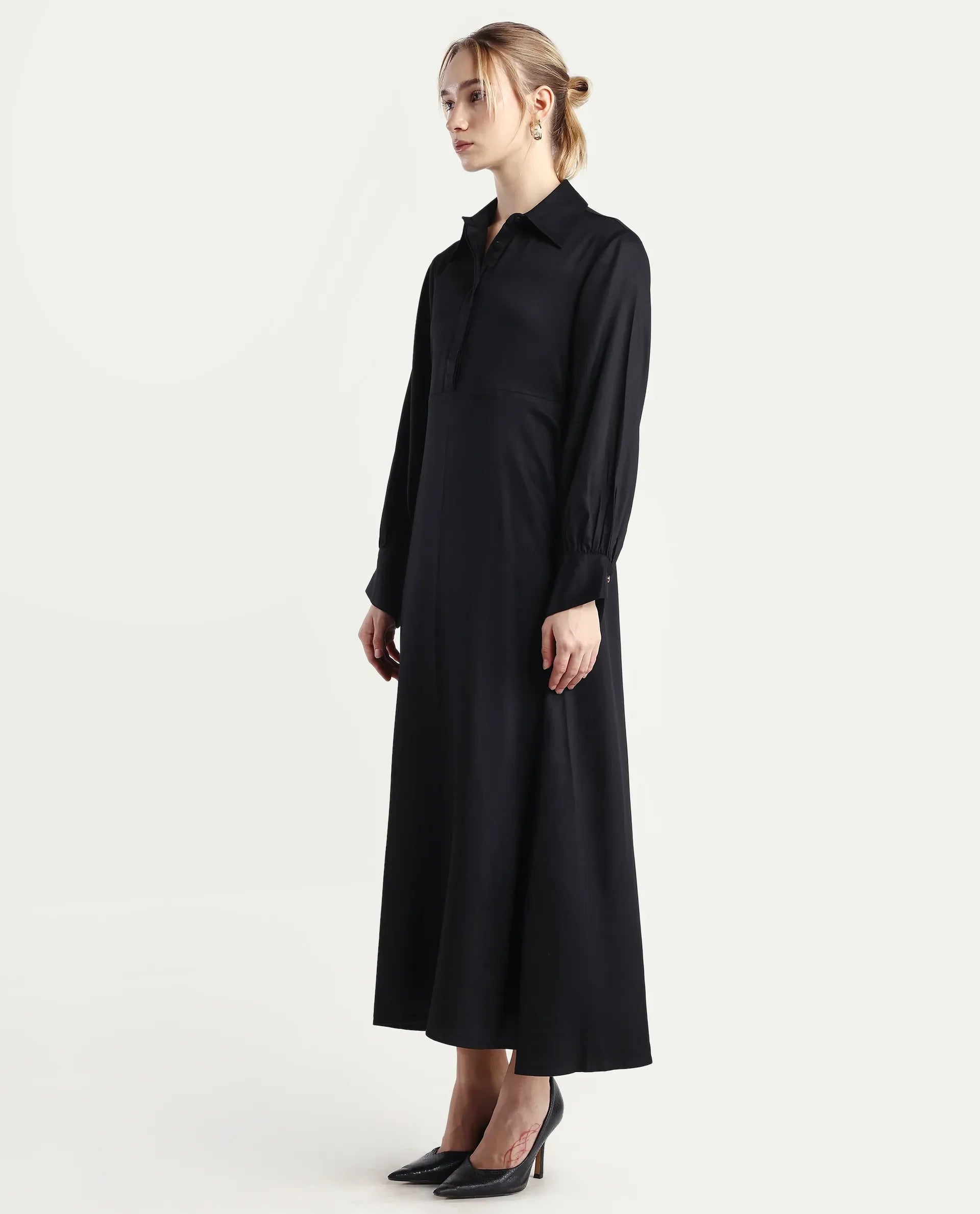 Rareism Women's Ane Black Viscose Full Sleeve Spread Collar Fit And Flare Dress