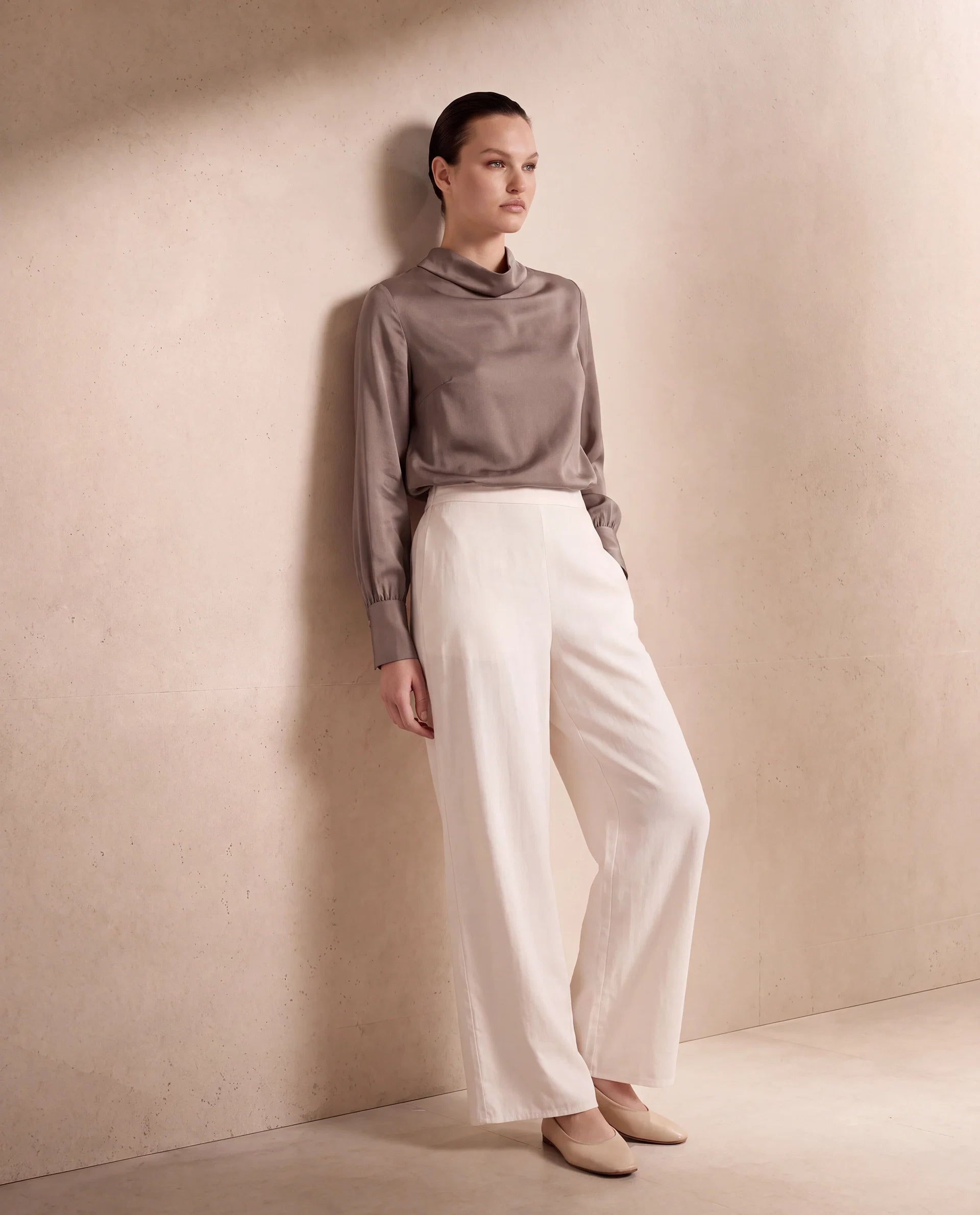 Rareism Women's Anina-B Beige Cotton Blend Flared Plain Trouser