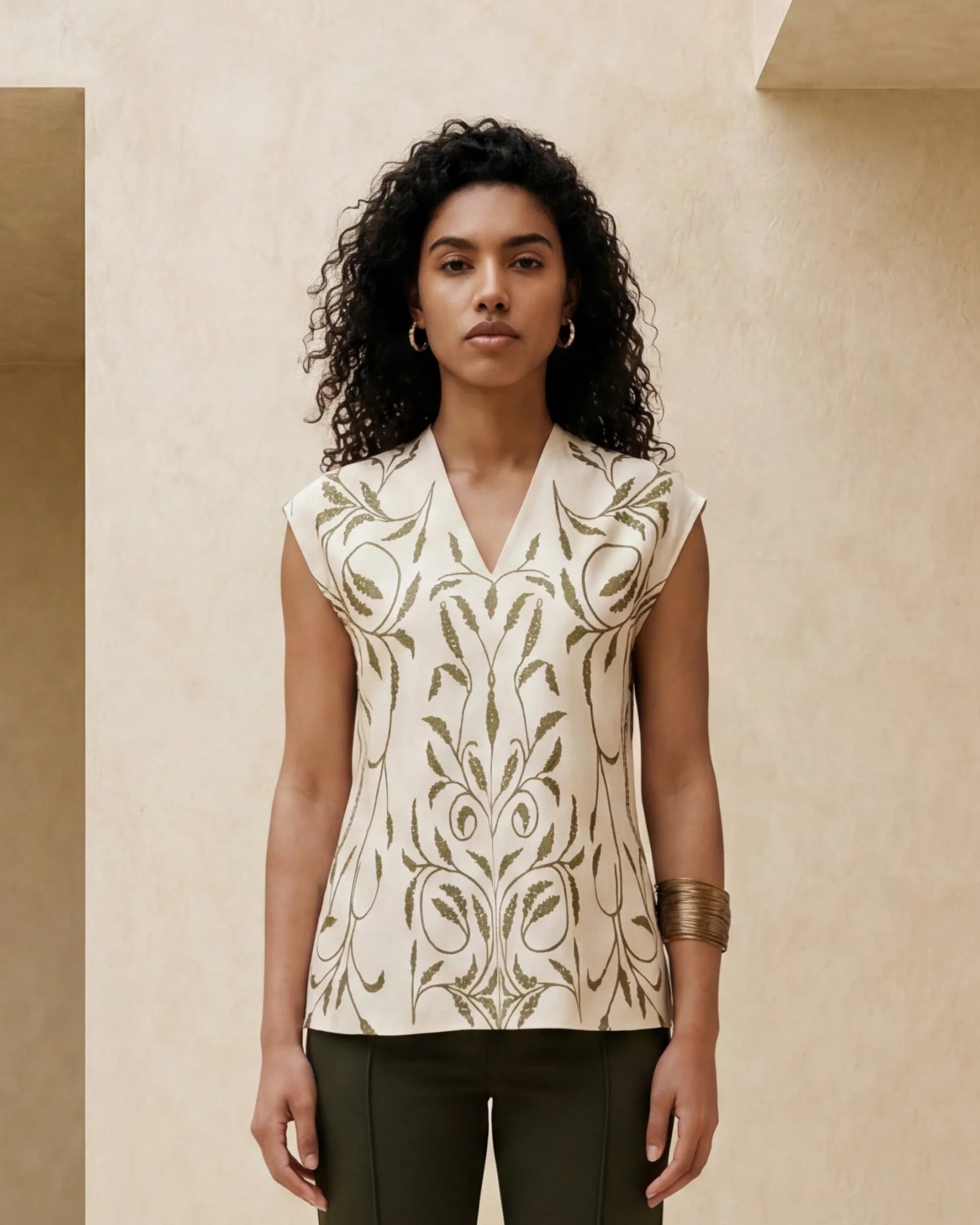 Rareism Women's Anina-T Beige Ornamental Print Cotton Blend Regular Fit Short Sleeves Top