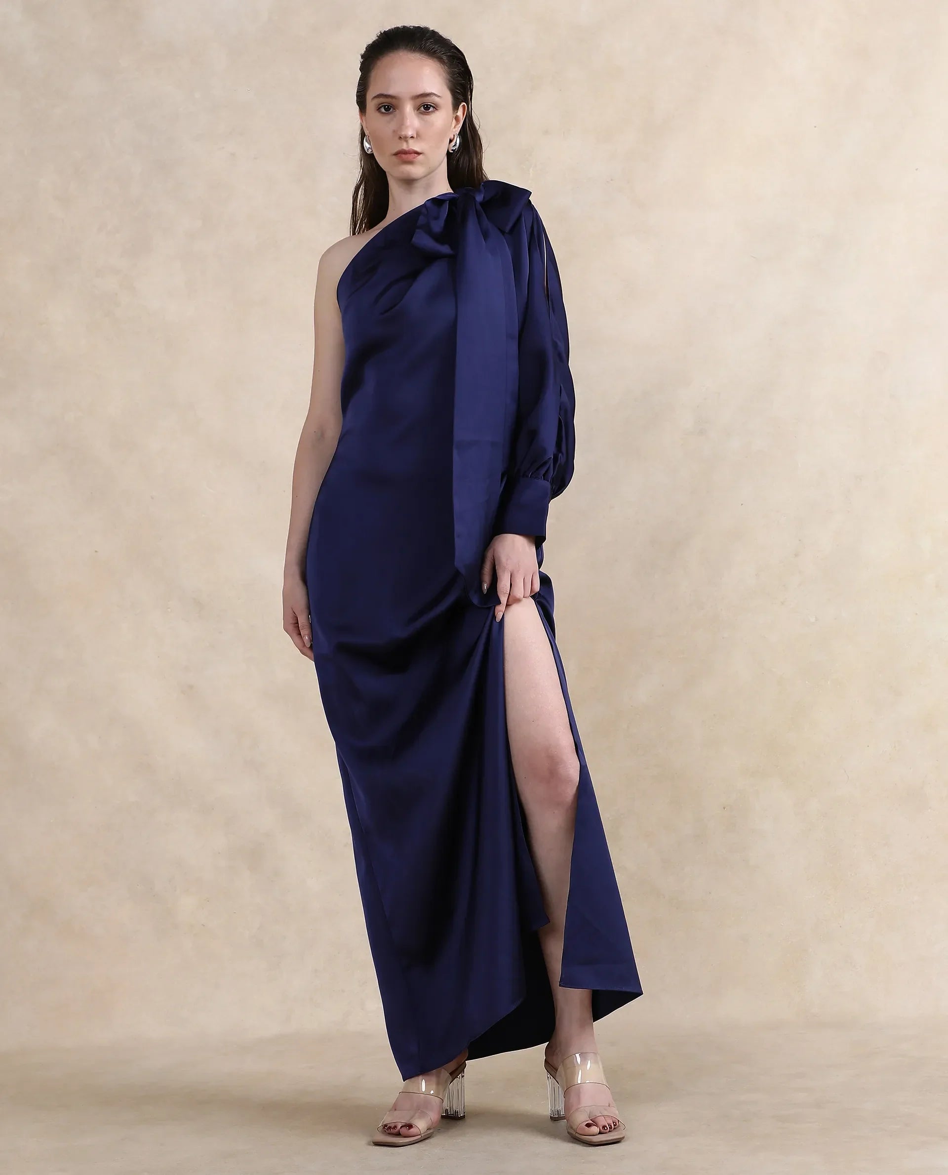 Rareism Women's Ankara Navy Satin Fabric One Shoulder Zipper Closure One Shoulder Dyed Straight Fit Maxi Dress