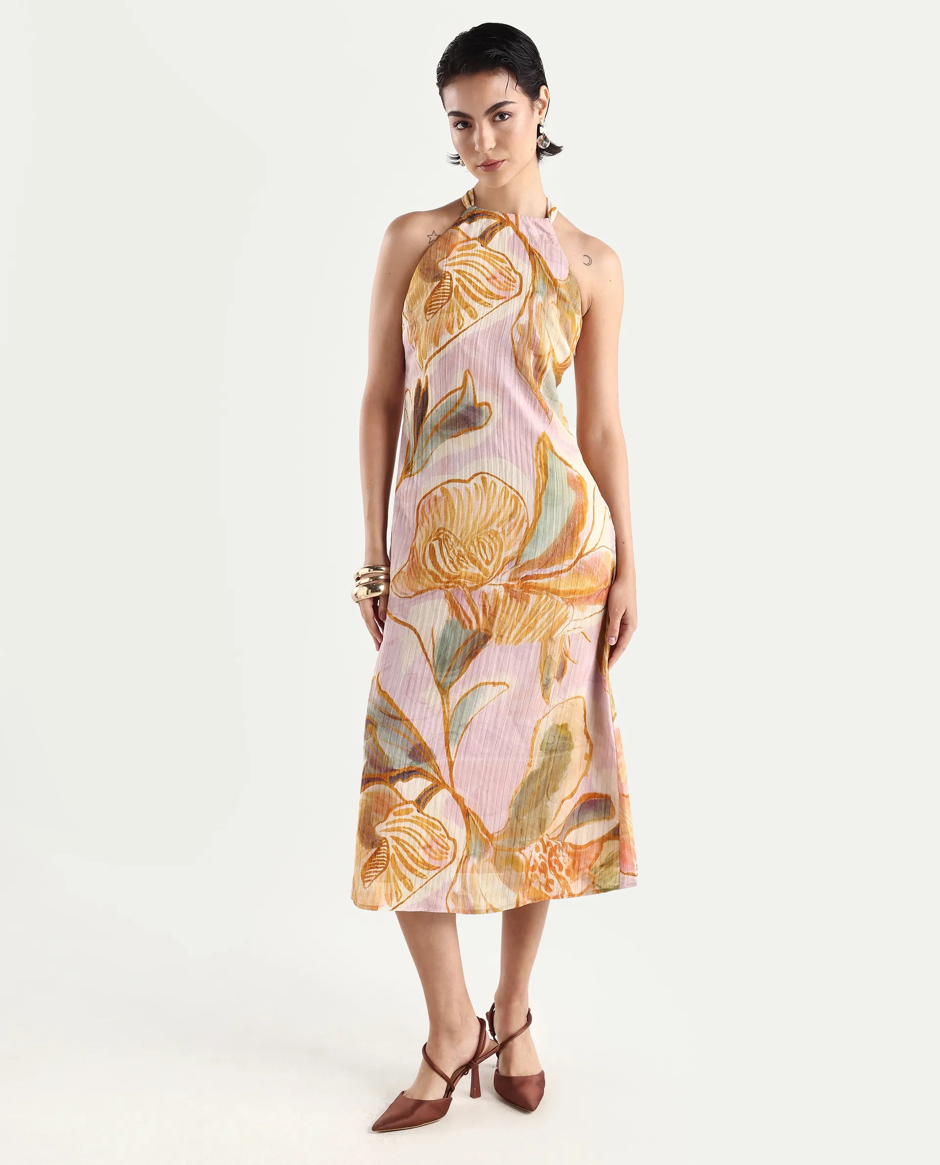 Rareism Women's Anoy Pastel Purple Polyester Sleeveless Halter Neck A-Line Dress