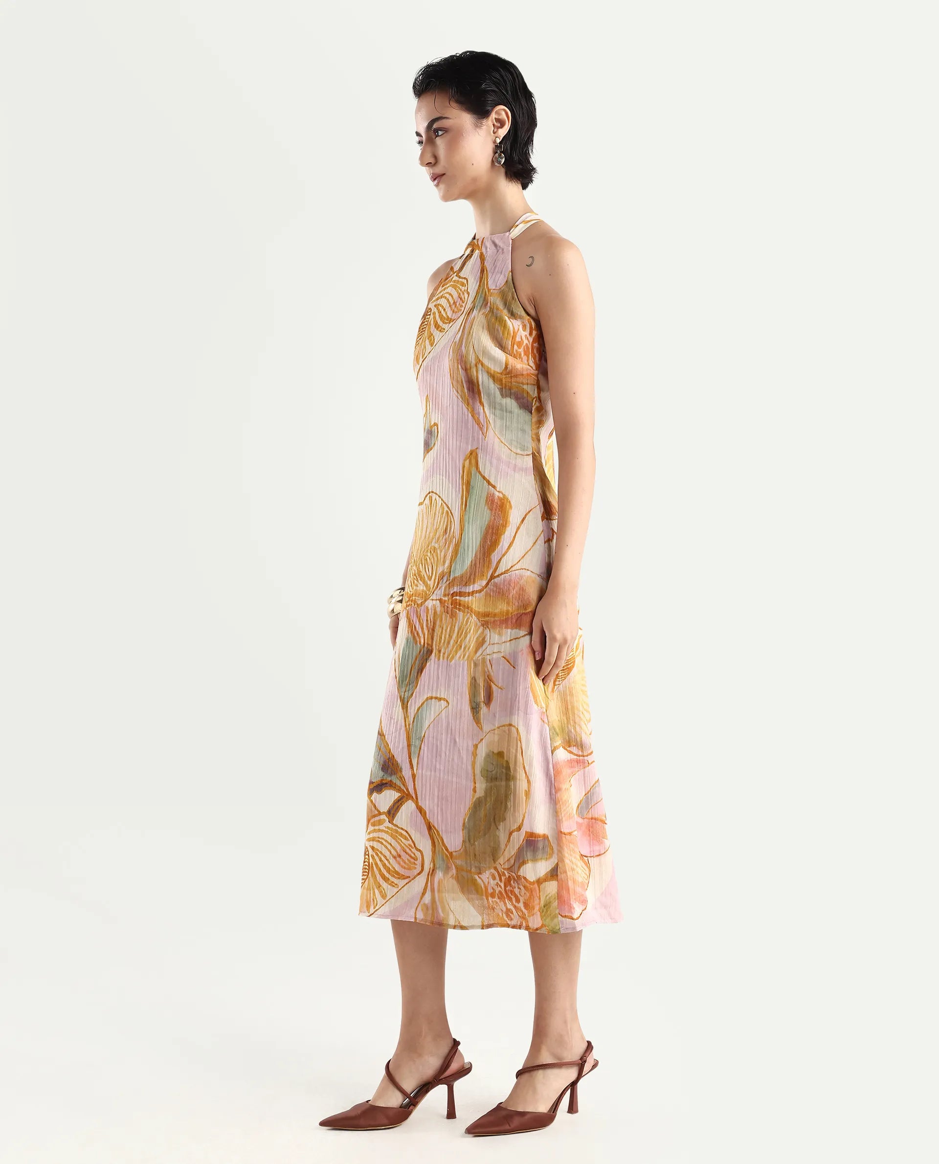 Rareism Women's Anoy Pastel Purple Polyester Sleeveless Halter Neck A-Line Dress