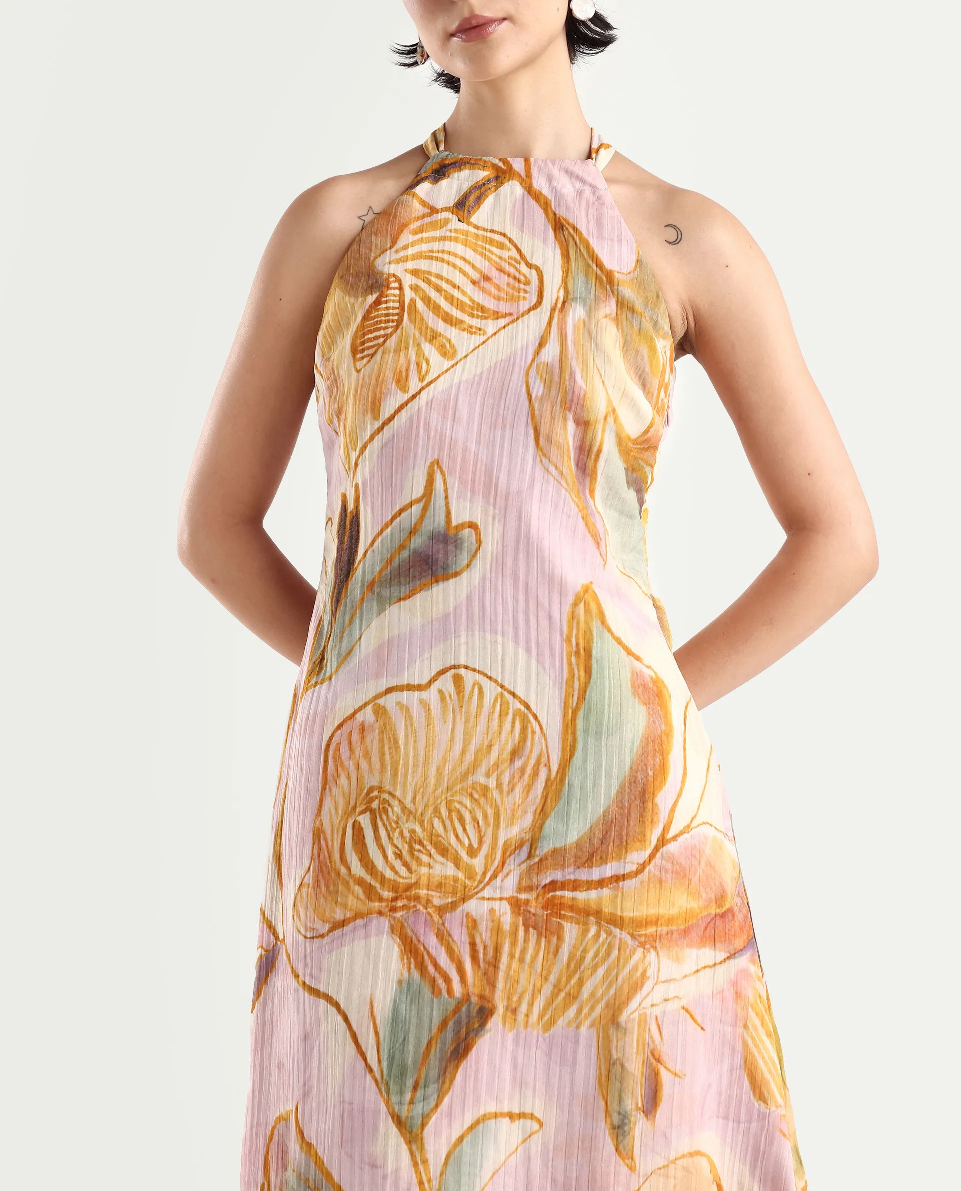 Rareism Women's Anoy Pastel Purple Polyester Sleeveless Halter Neck A-Line Dress