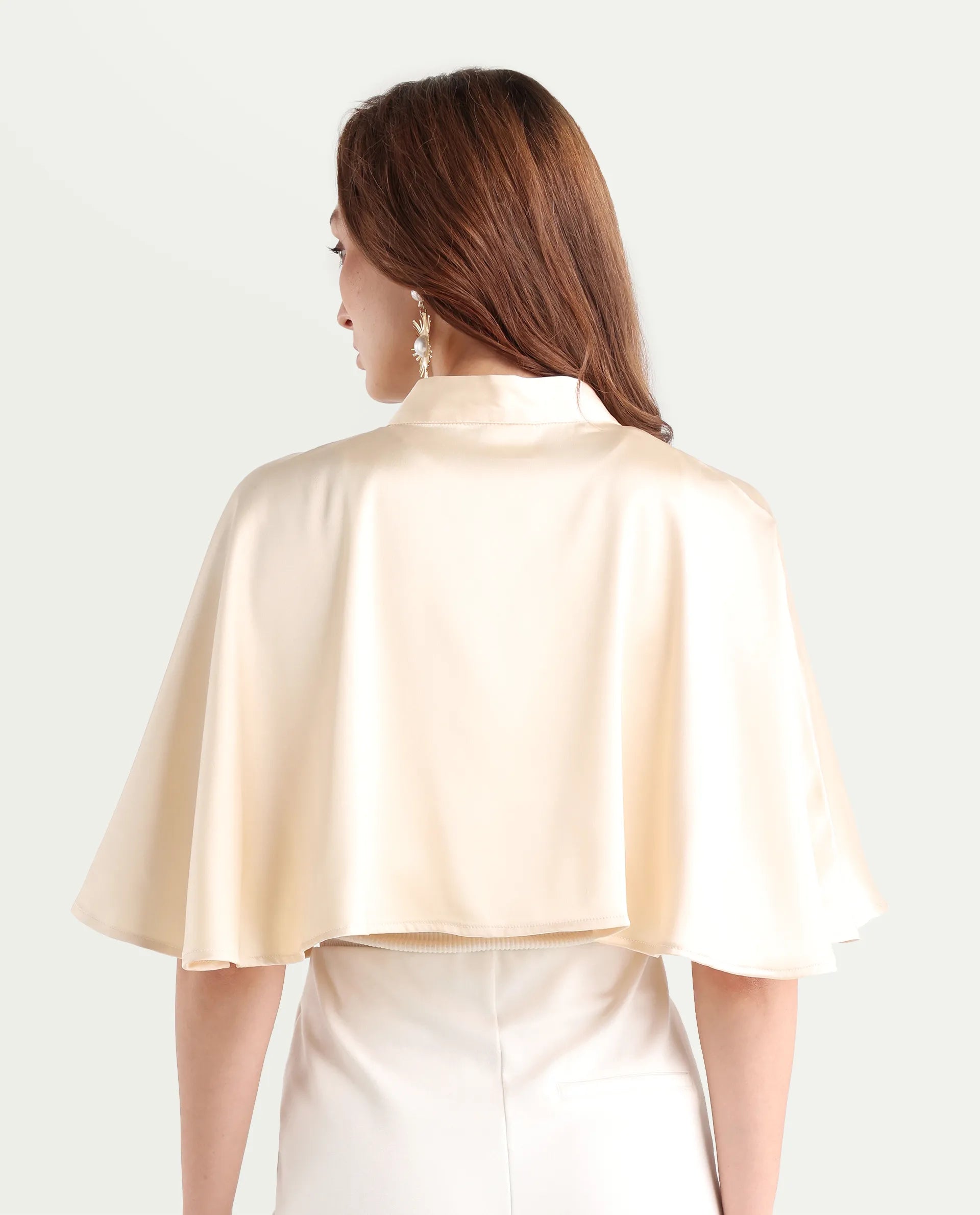 Rareism Women's Antali Beige Satin High Neck Plain Cape Sleeve Crop Boxy Fit Jacket