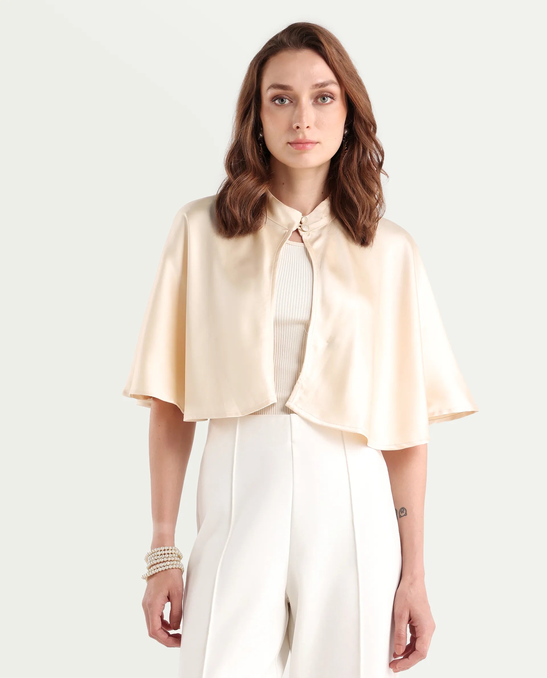 Rareism Women's Antali Beige Satin High Neck Plain Cape Sleeve Crop Boxy Fit Jacket