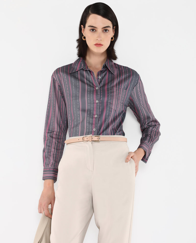 Rareism Women Aodh Grey 80'S Cotton Satin Fabric Cuffed Sleeve Collared Neck Button Closure Narrow Stripes Top