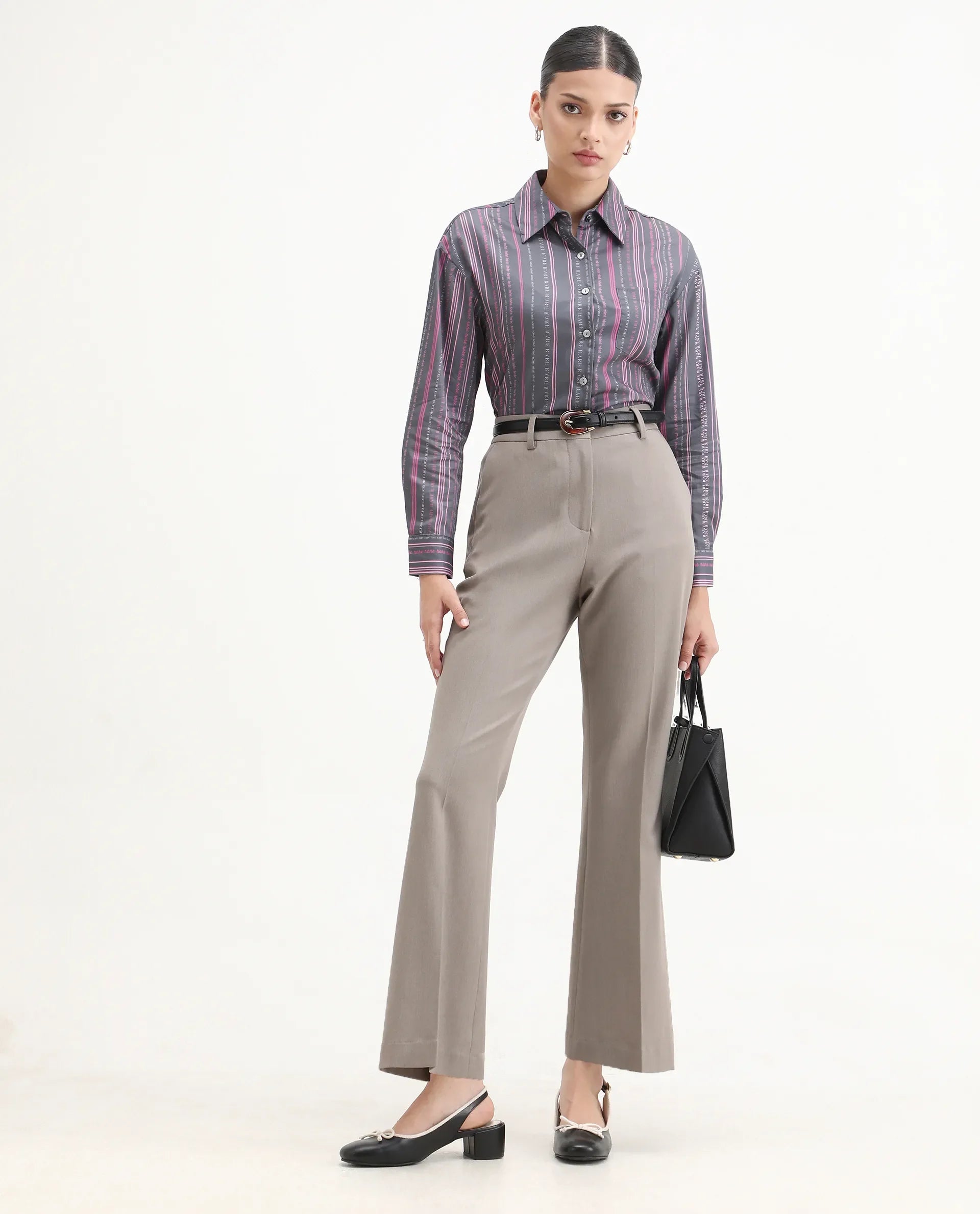 Rareism Women's Aodh Grey Cotton Blend Collared Striped Cuffed Sleeve Boxy Fit Top