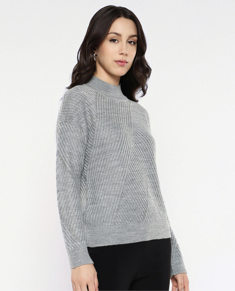 Rareism Women Apole Grey Relaxed Fit Plain Sweater