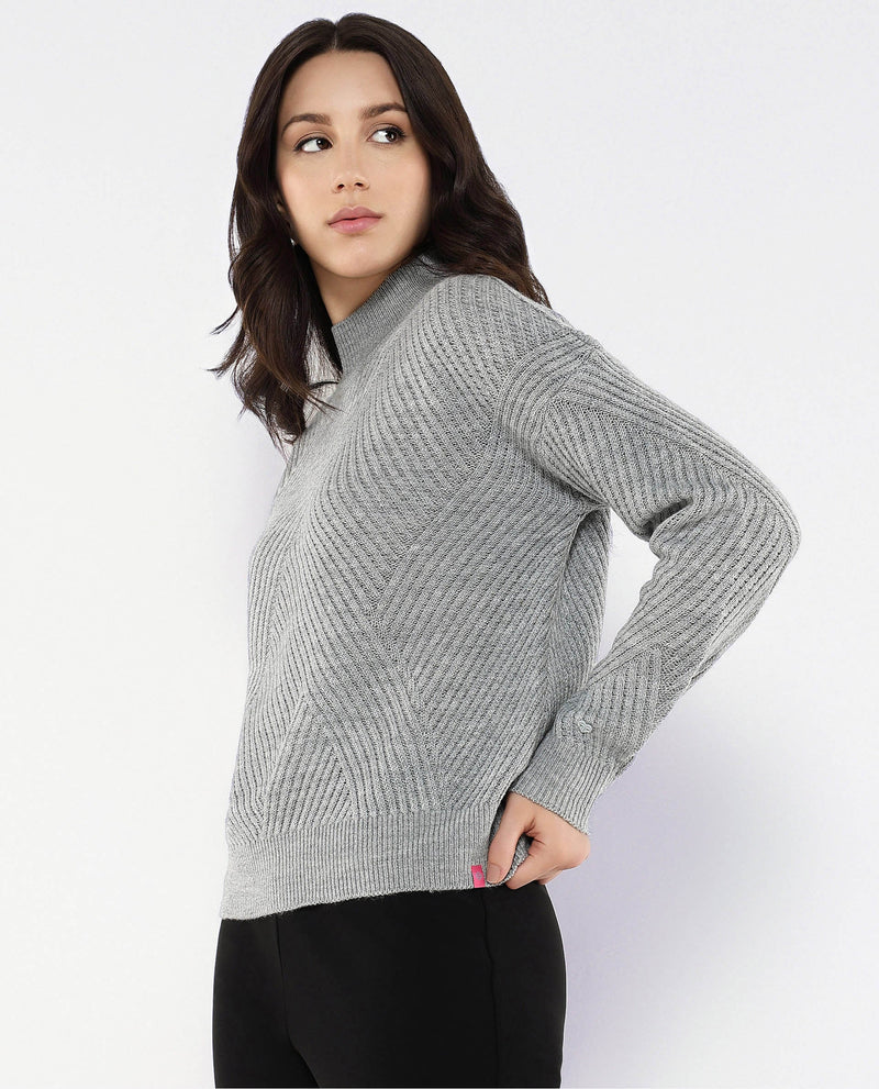 Rareism Women Apole Grey Relaxed Fit Plain Sweater