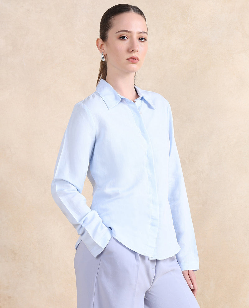 Rareism Women Appleby Blue Cuffed Sleeves Collared Neck Button Closure Plain Shirt