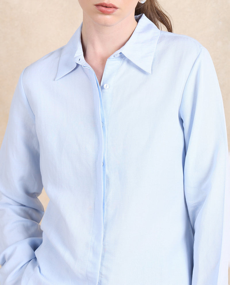 Rareism Women Appleby Blue Cuffed Sleeves Collared Neck Button Closure Plain Shirt