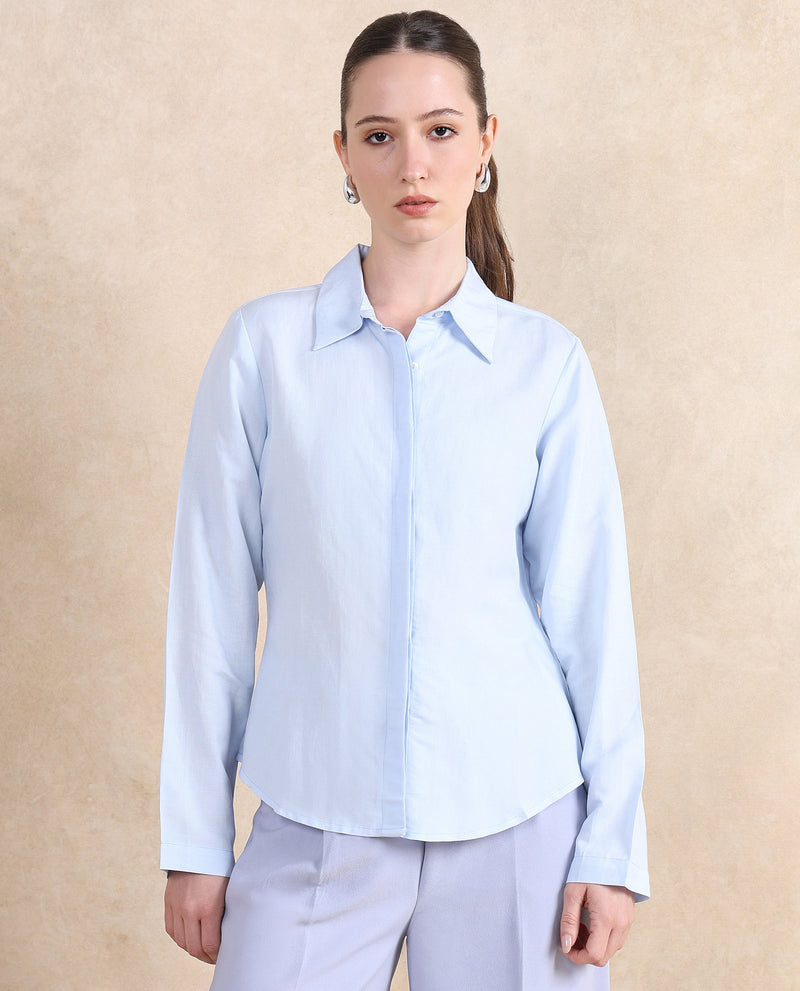 Rareism Women Appleby Blue Cuffed Sleeves Collared Neck Button Closure Plain Shirt