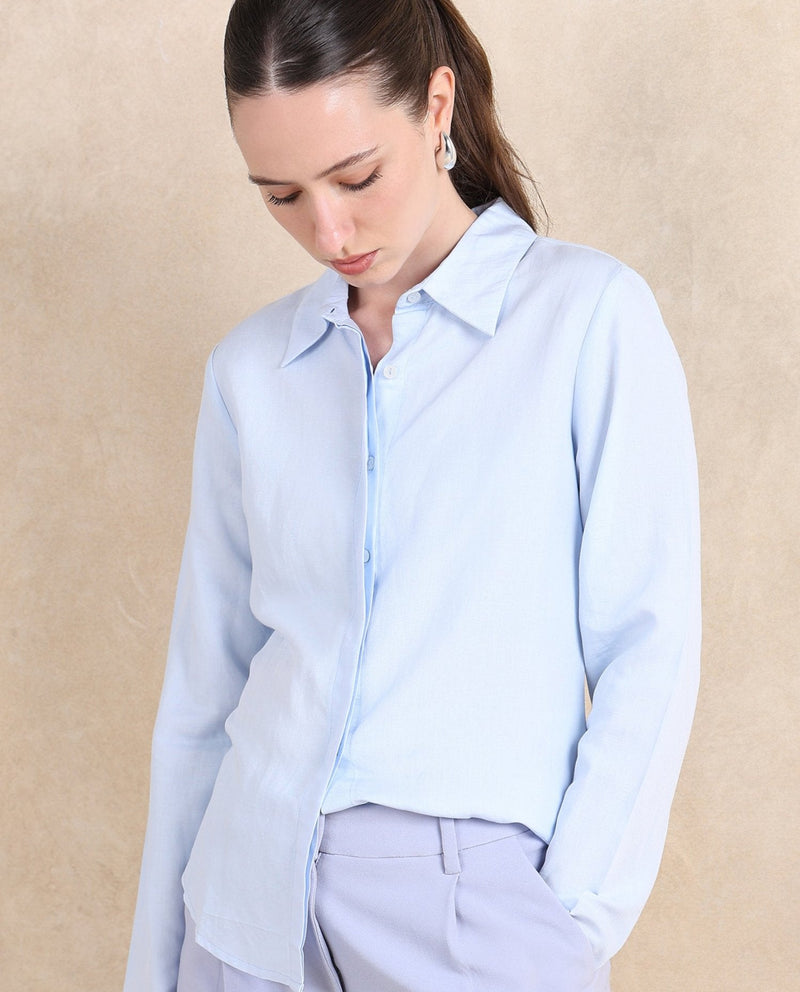 Rareism Women Appleby Blue Cuffed Sleeves Collared Neck Button Closure Plain Shirt