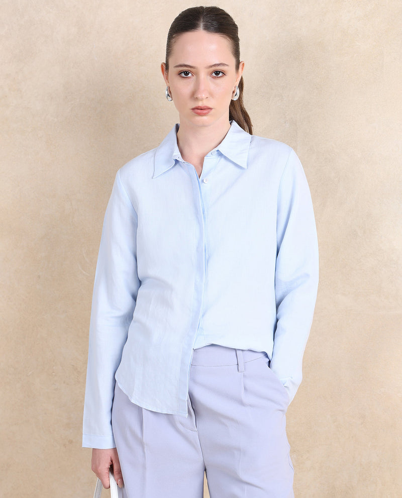 Rareism Women Appleby Blue Cuffed Sleeves Collared Neck Button Closure Plain Shirt