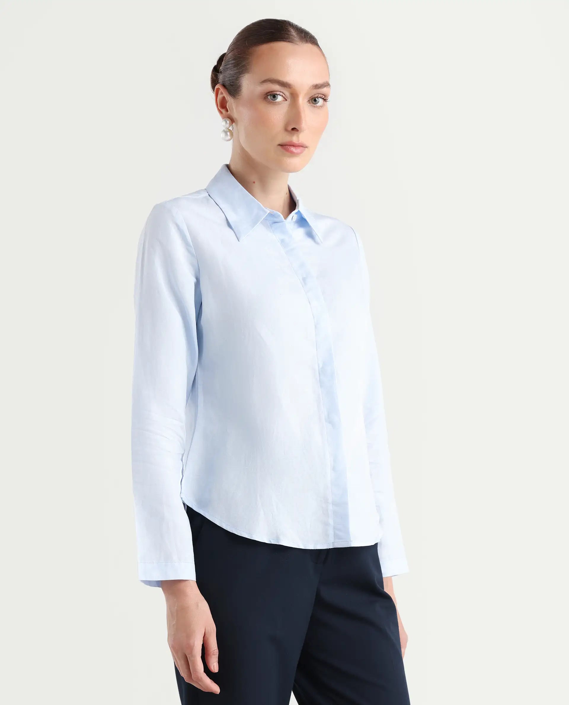 Rareism Women's Appleby Blue Modal Blend Drop Collar Plain Cuffed Sleeve Regular Fit Shirt