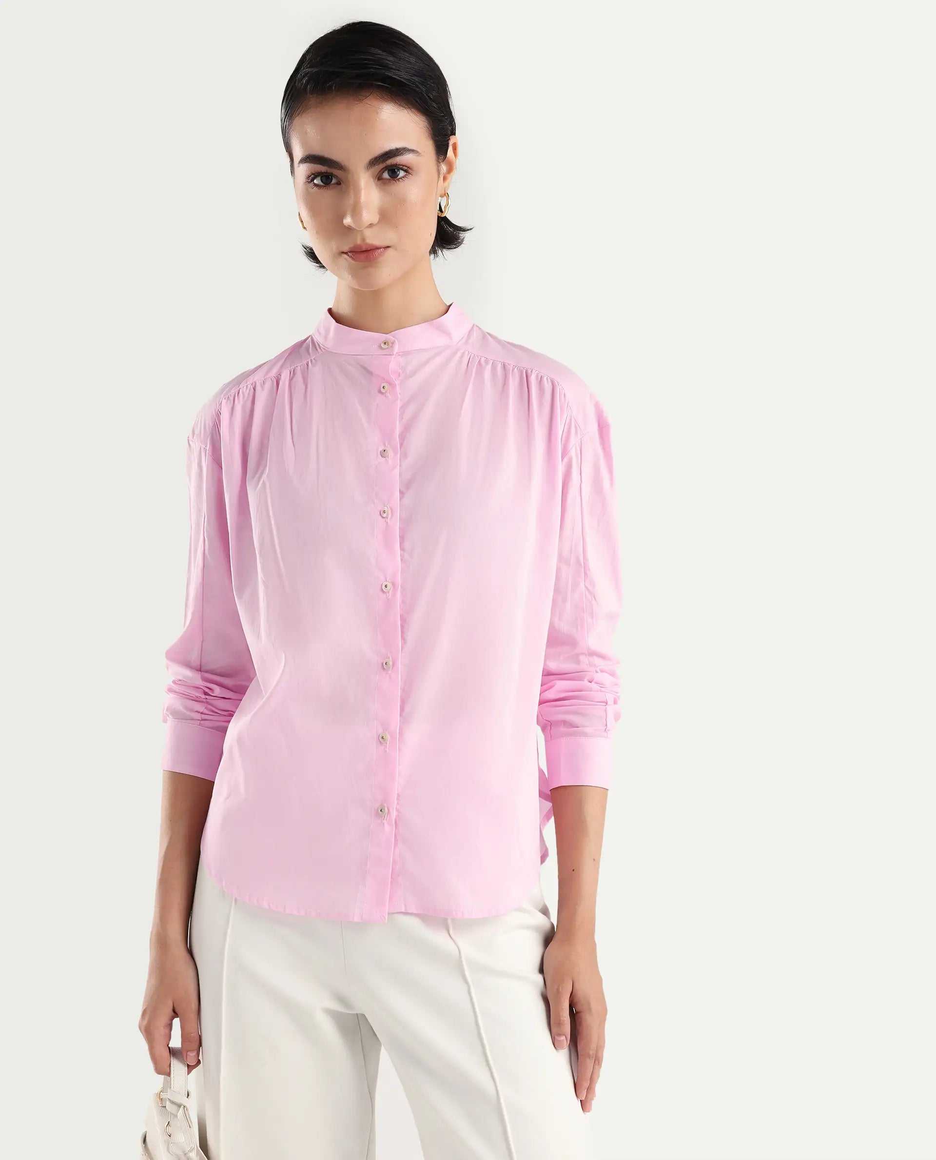 Rareism Women's Arbour Purple Cotton Band Collar Plain Regular Fit Shirt