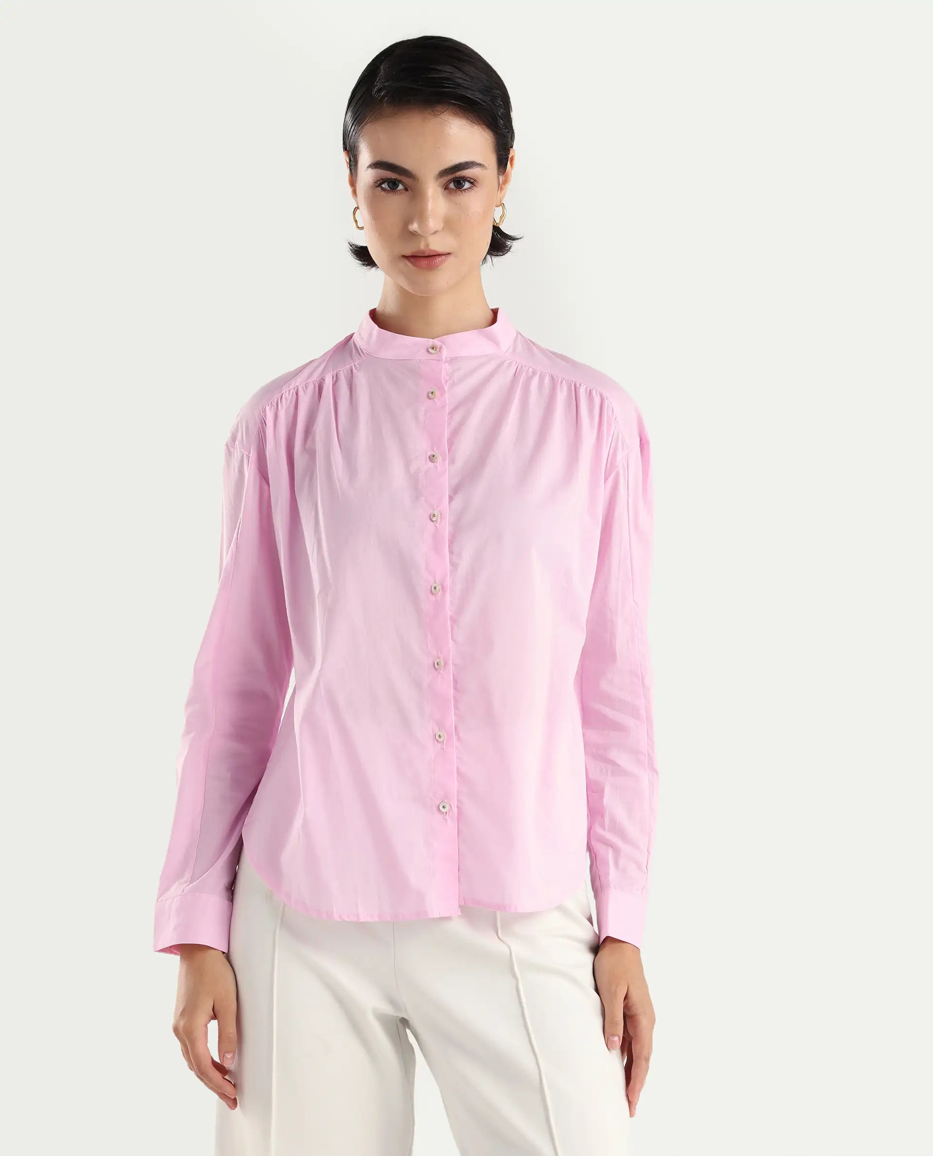 Rareism Women's Arbour Purple Cotton Band Collar Plain Regular Fit Shirt