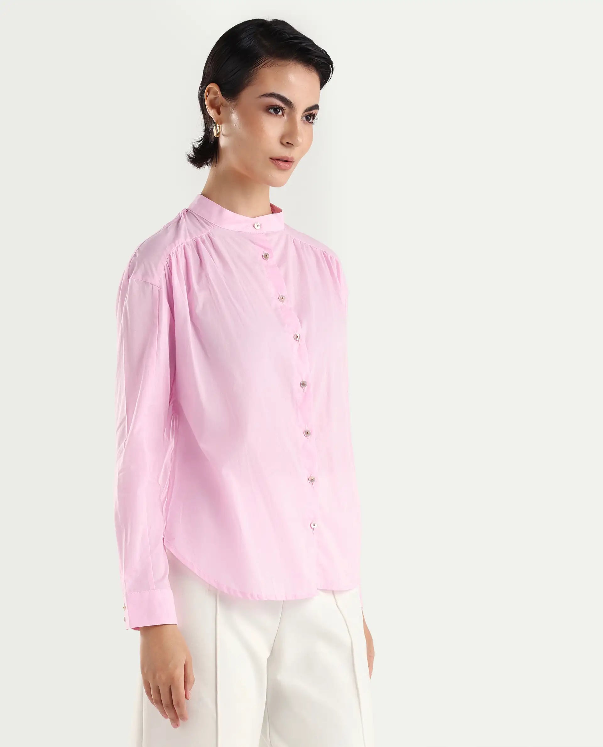 Rareism Women's Arbour Purple Cotton Band Collar Plain Regular Fit Shirt