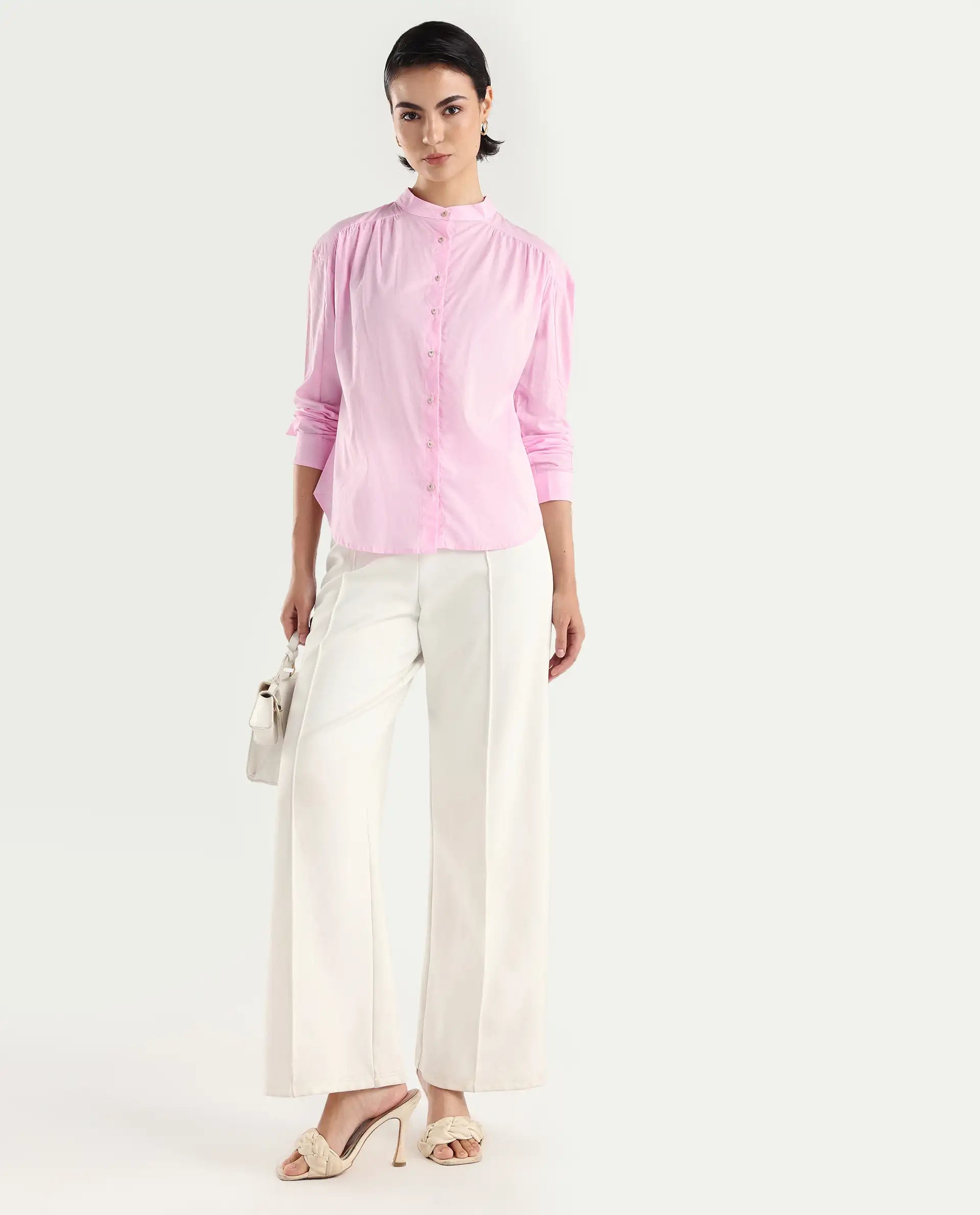 Rareism Women's Arbour Purple Cotton Band Collar Plain Regular Fit Shirt