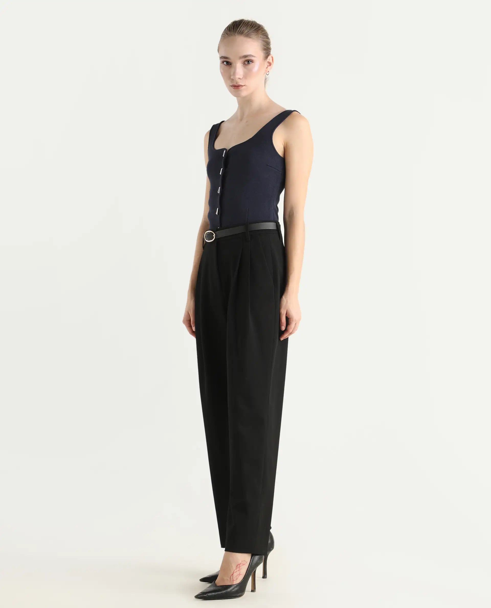 Rareism Women's Arcadia-B Black Polyester Blend Fabric Plain Trouser