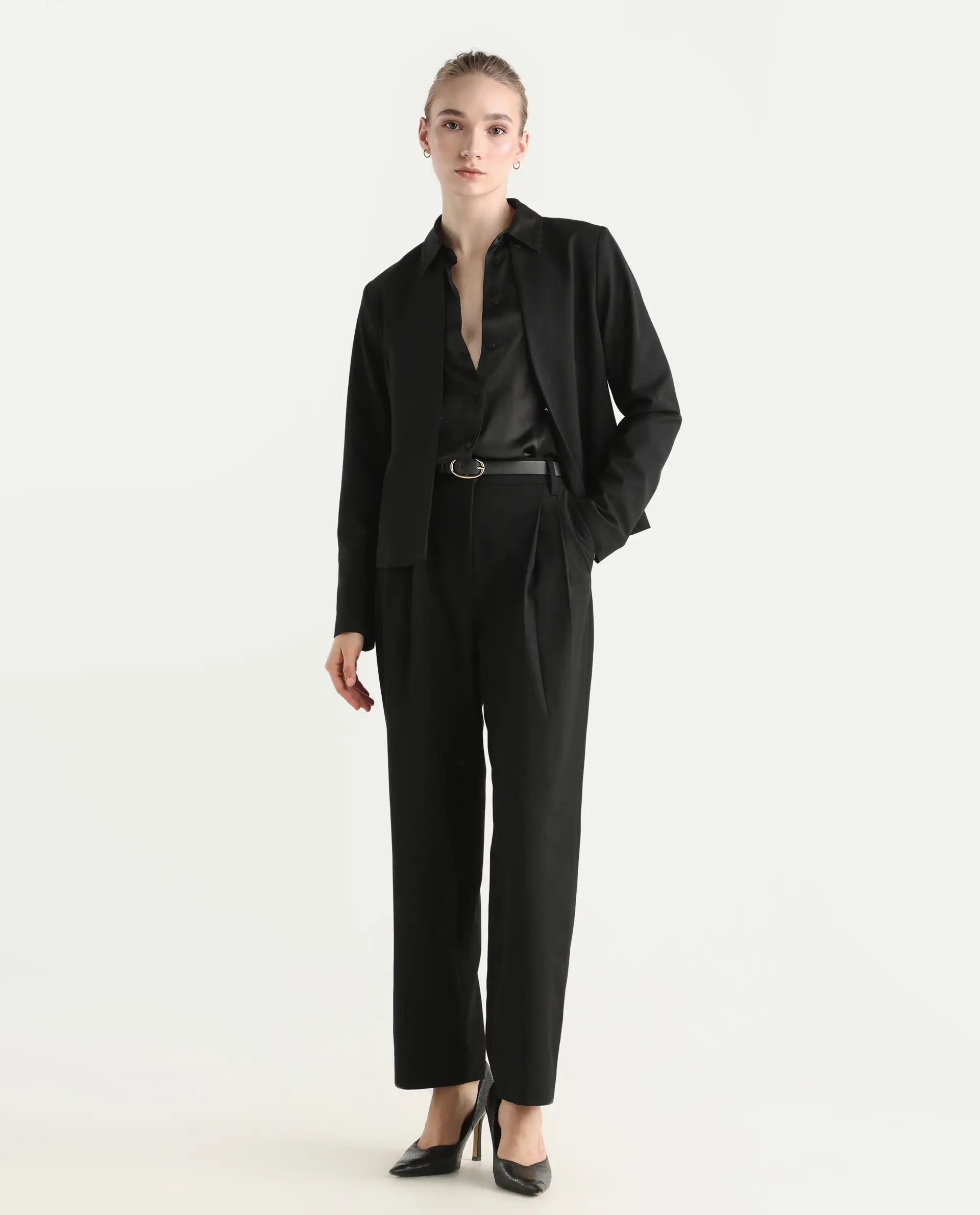 Rareism Women's Arcadia-B Black Polyester Blend Fabric Plain Trouser