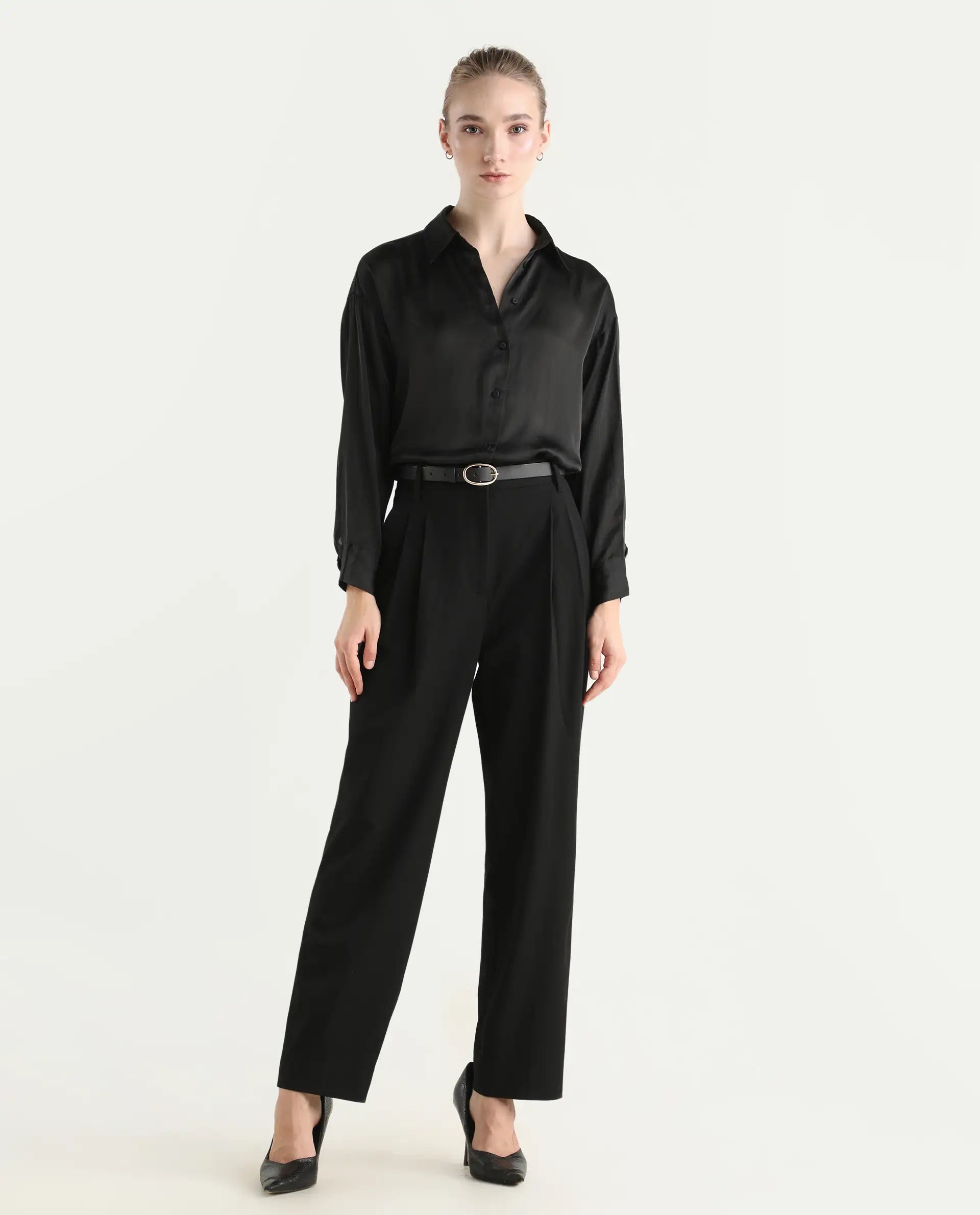 Rareism Women's Arcadia-B Black Polyester Blend Fabric Plain Trouser