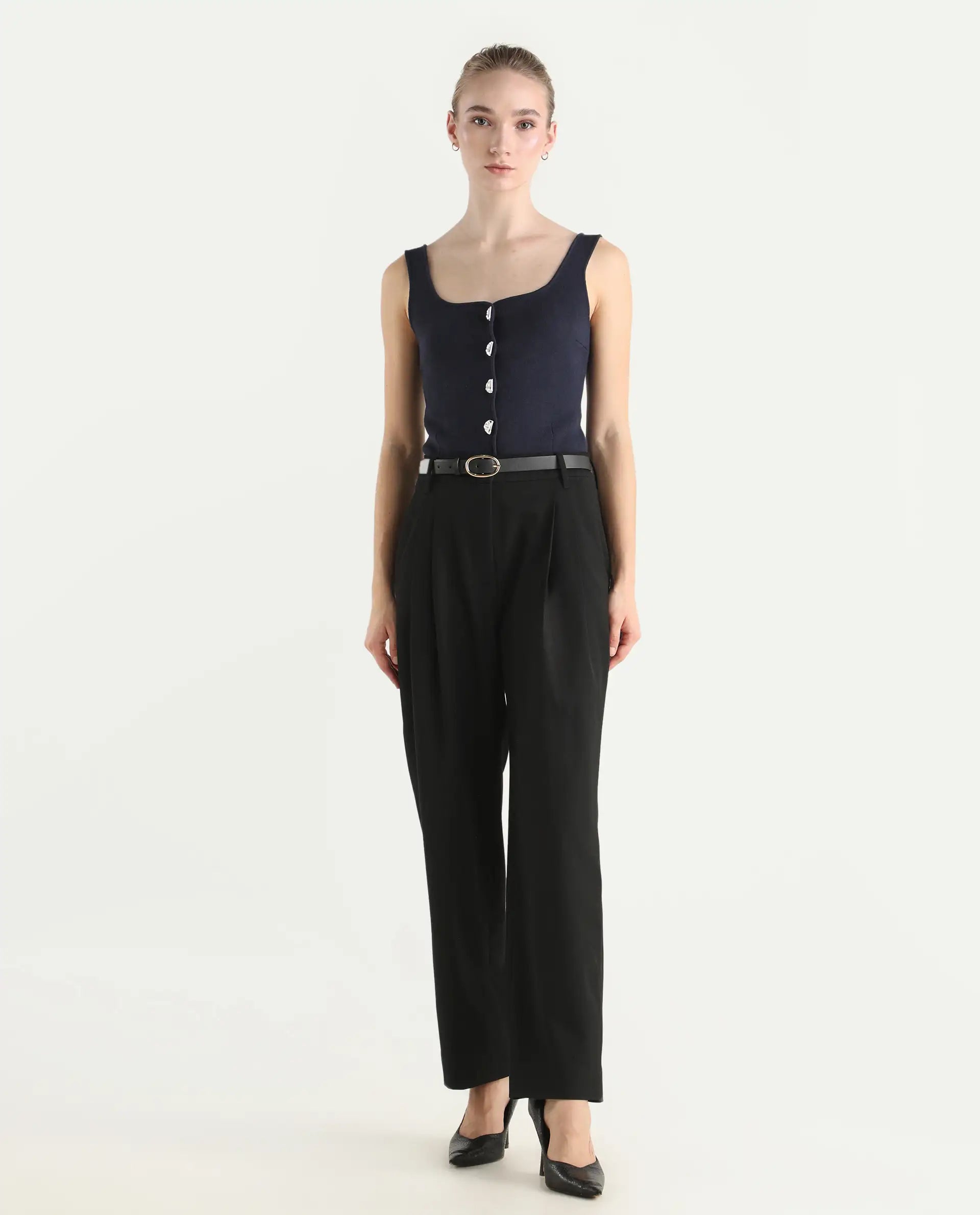 Rareism Women's Arcadia-B Black Polyester Blend Fabric Plain Trouser