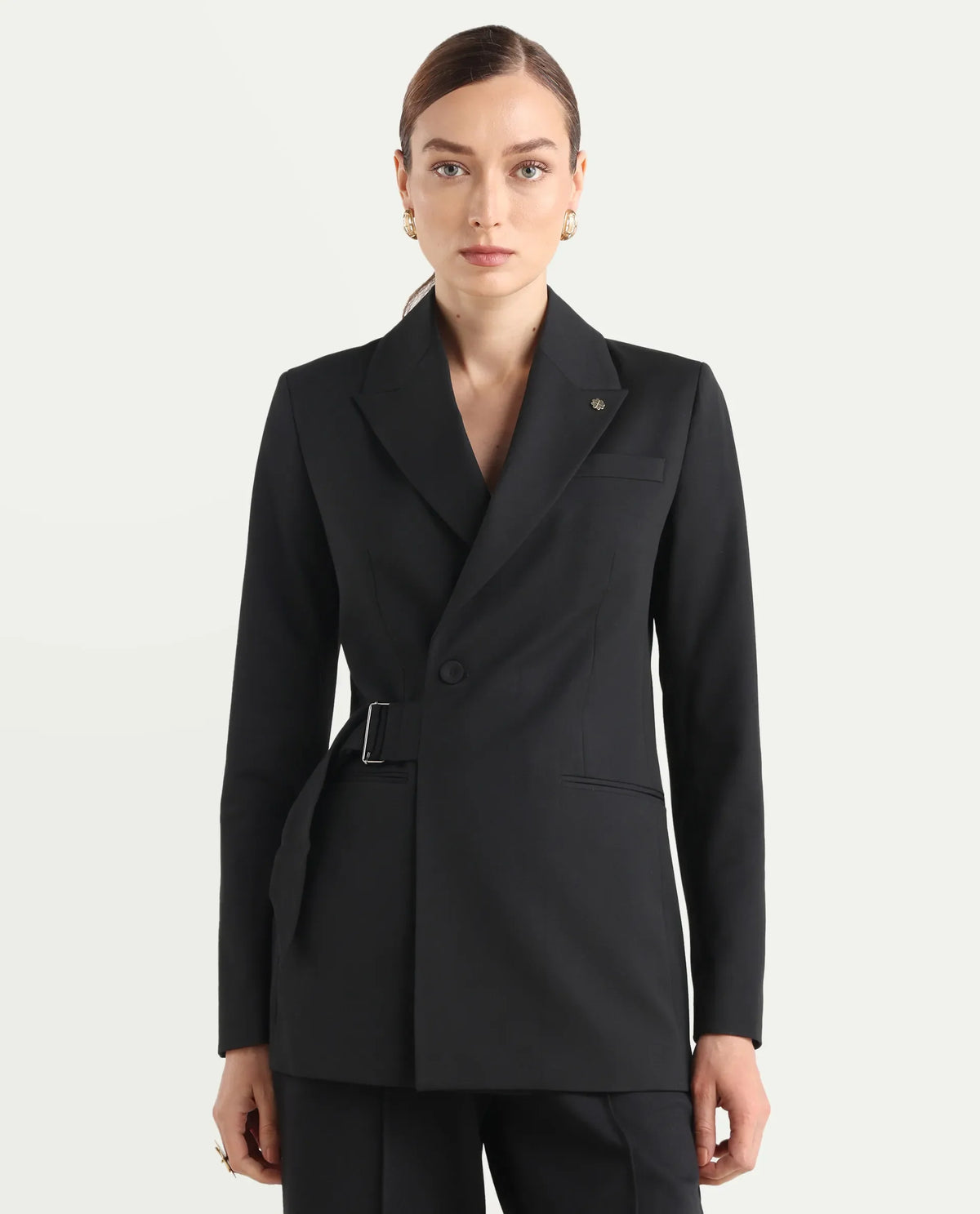 Rareism Women's Arcadia-T Black Polyester Blend Full Sleeve Lapel Collar Plain Blazer