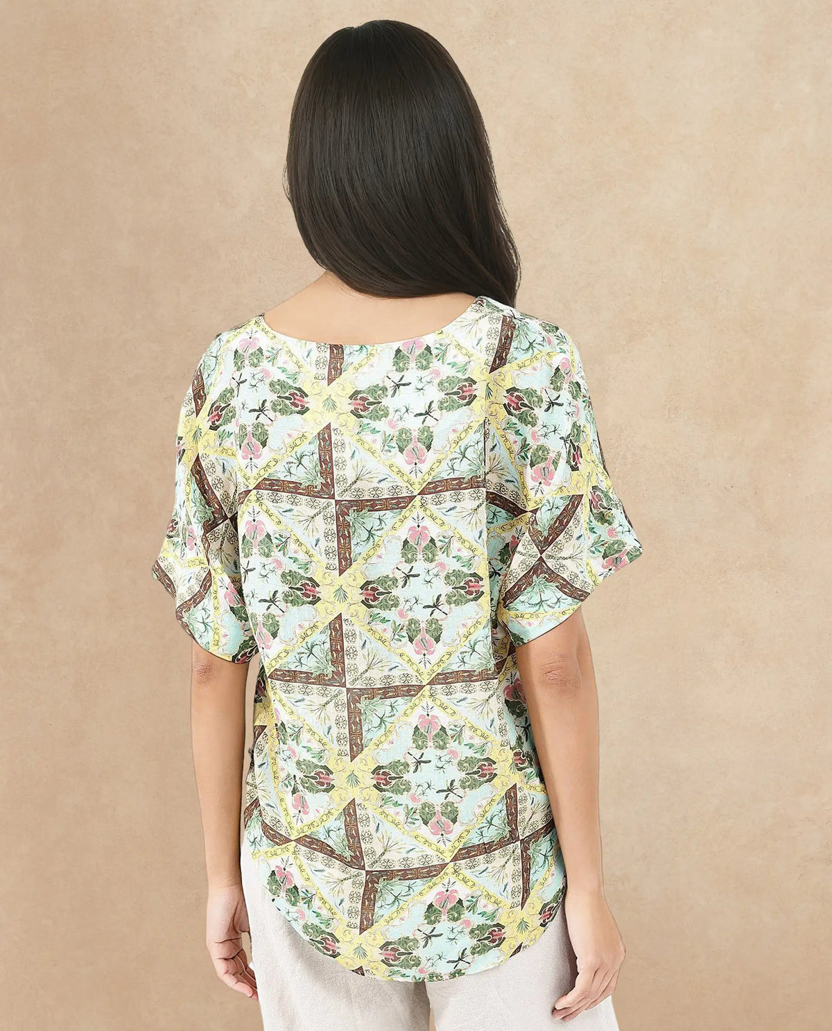 Rareism Women Archibal-T Multi Rayon Fabric Cap Sleeve V-Neck Abstract Print Regular Length Top