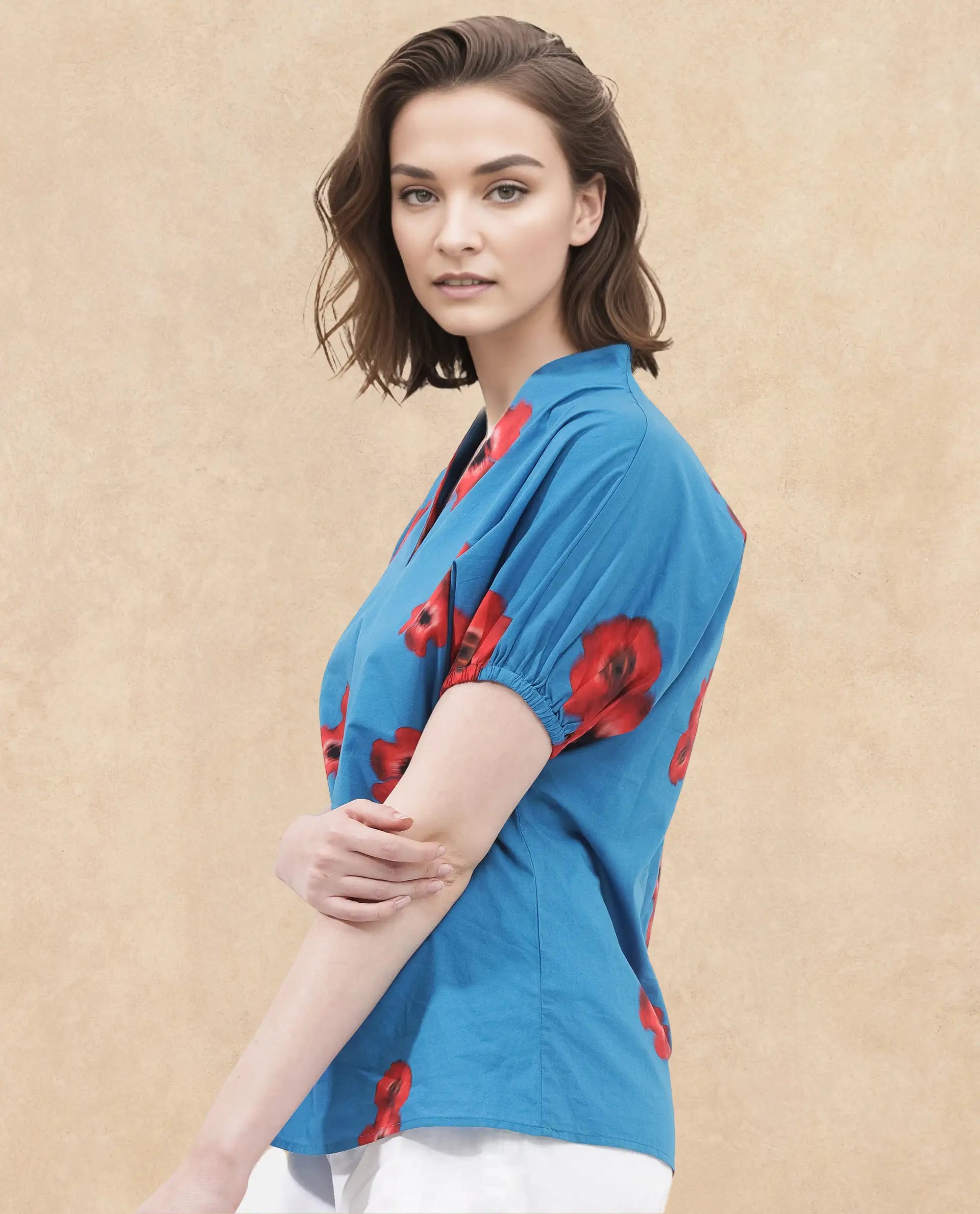 Rareism Women's Cotton V-Neck Floral Print Extended Sleeves Regular Fit Top