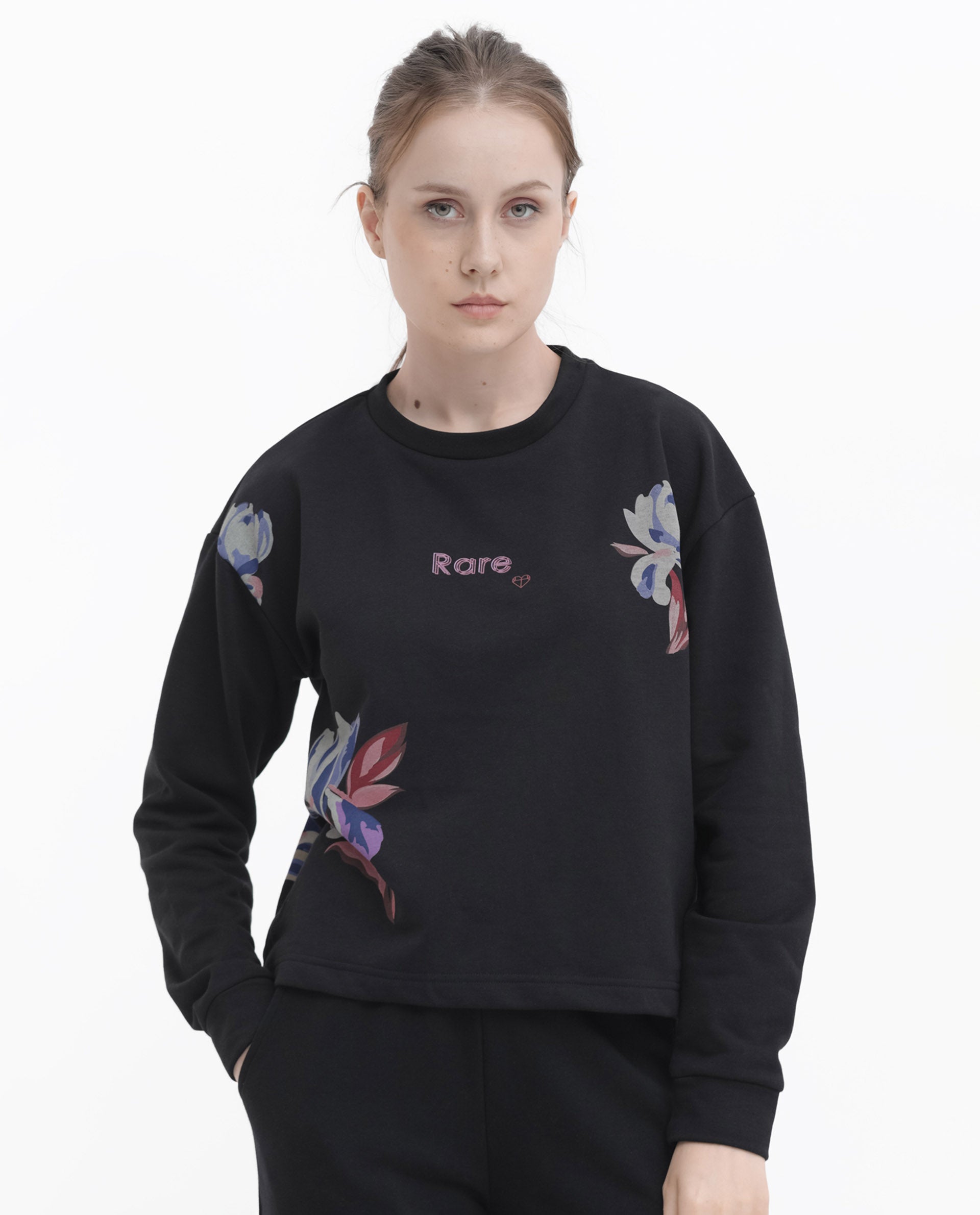 Rareism Women's Argyle Black Polyester Blend Crew Neck Graphic Print Regular Fit Sweatshirt