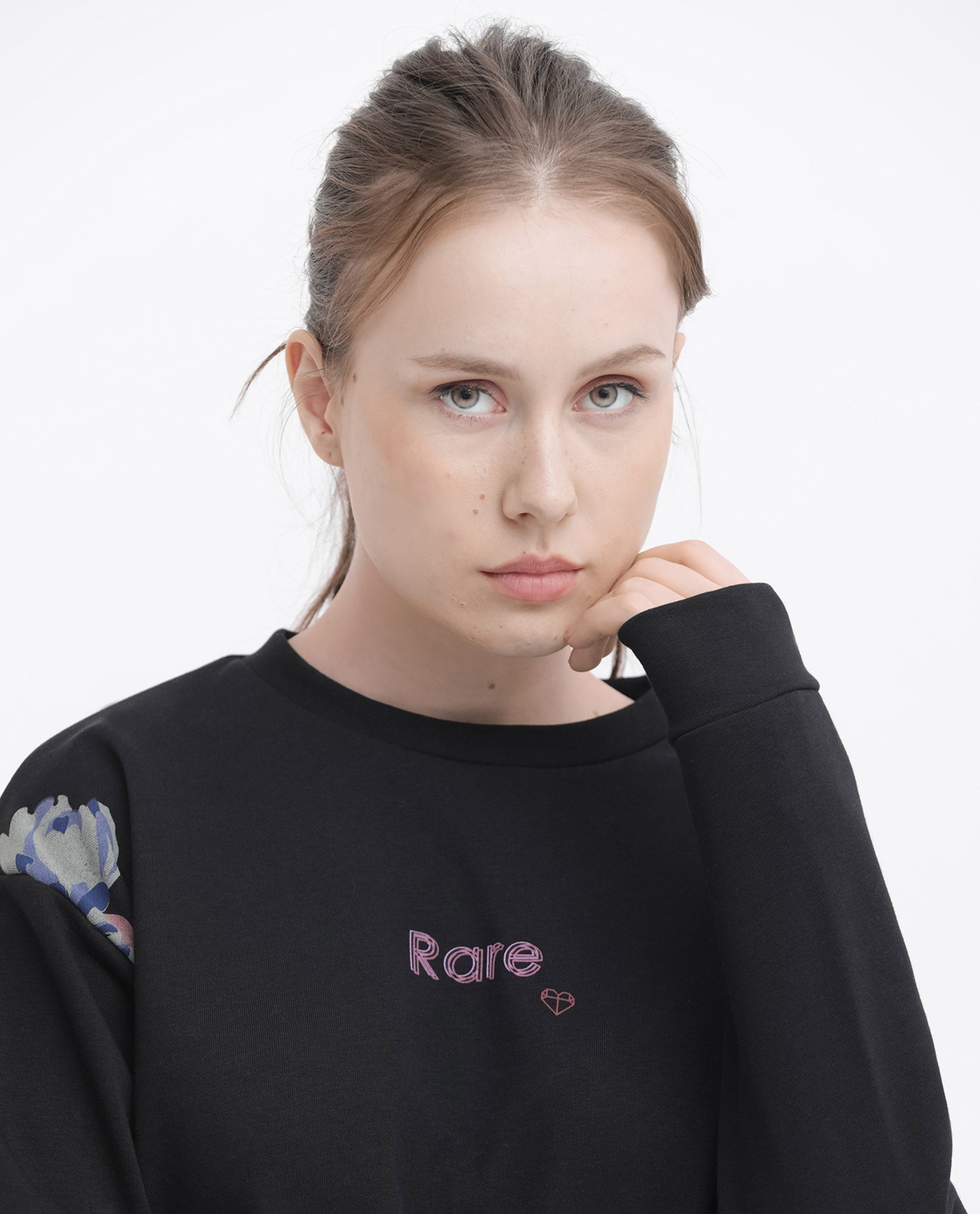 Rareism Women's Argyle Black Polyester Blend Crew Neck Graphic Print Regular Fit Sweatshirt