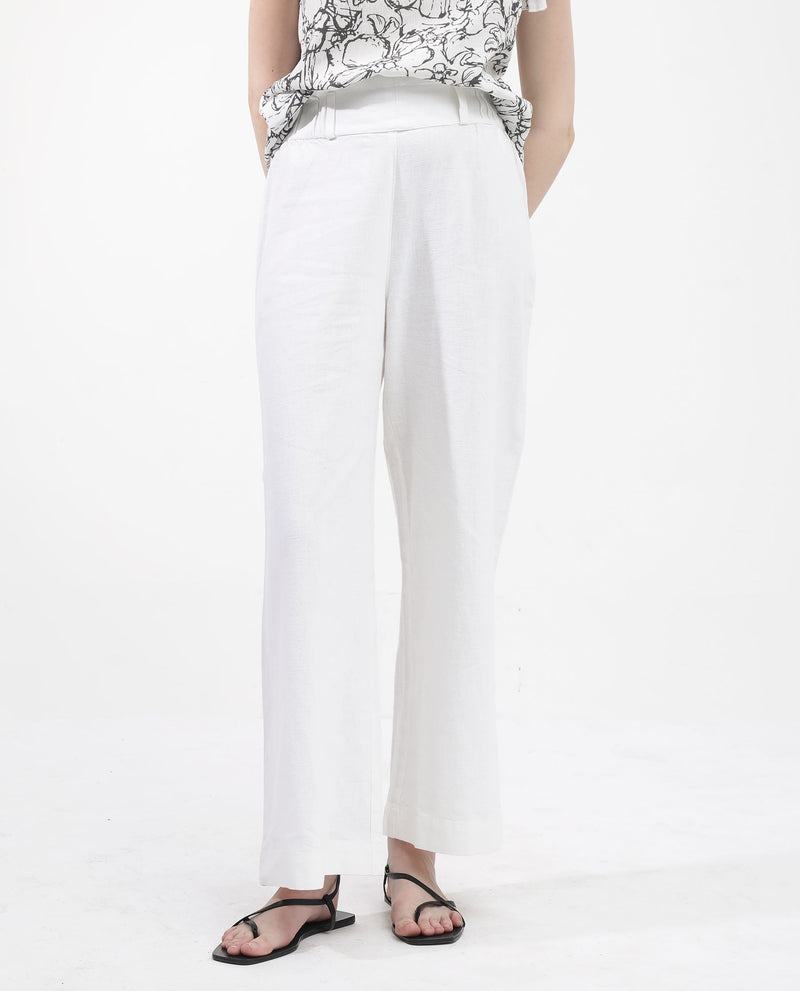 Rareism Women Arid White Cotton Linen Fabric Regular Length Trouser