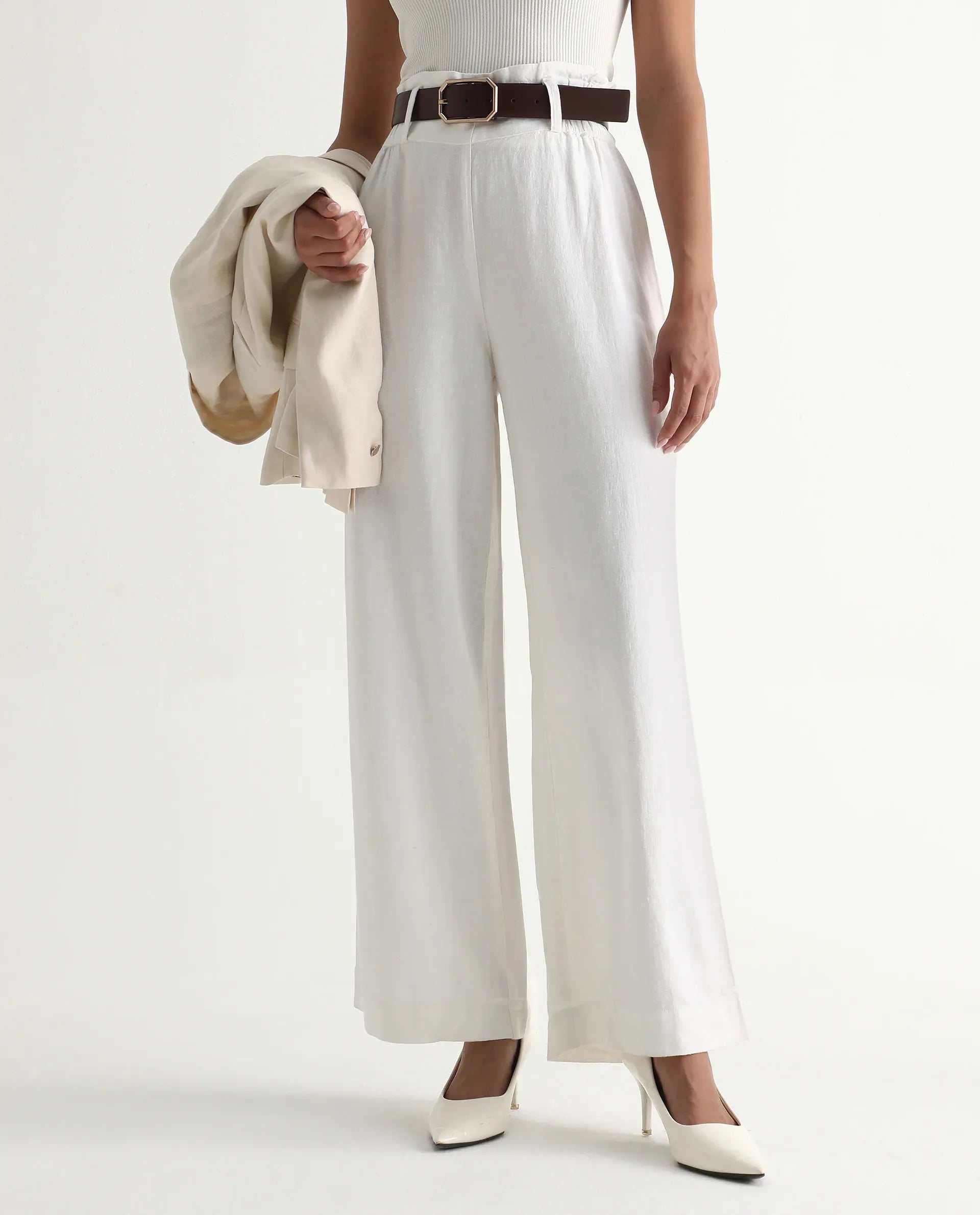 Rareism Women's Arid White Linen Blend Plain Ankle Length Wide Trouser