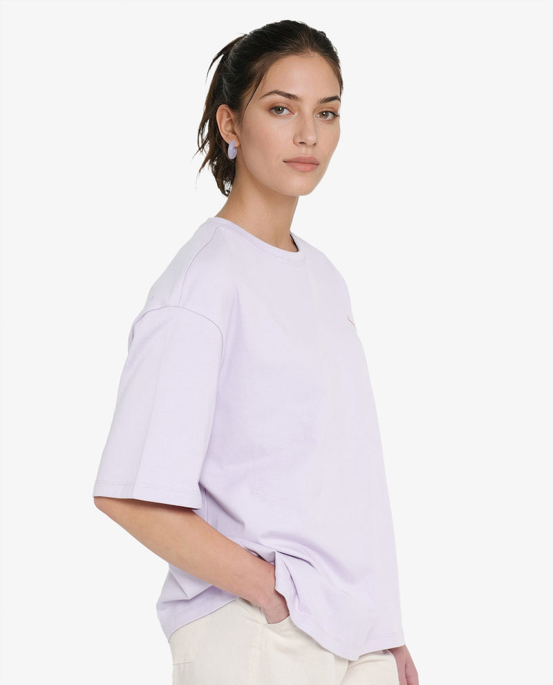 Rareism Women Arlene Pastel Purple Cotton Fabric Short Sleeve Crew Neck Solid T-Shirt