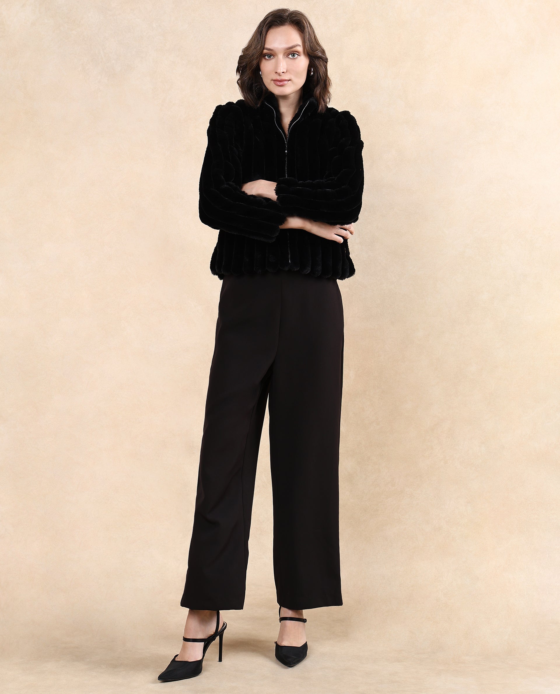 Rareism Women's Armidale Black Cotton Blend Mandarin Collar Plain Regular Fit Jacket