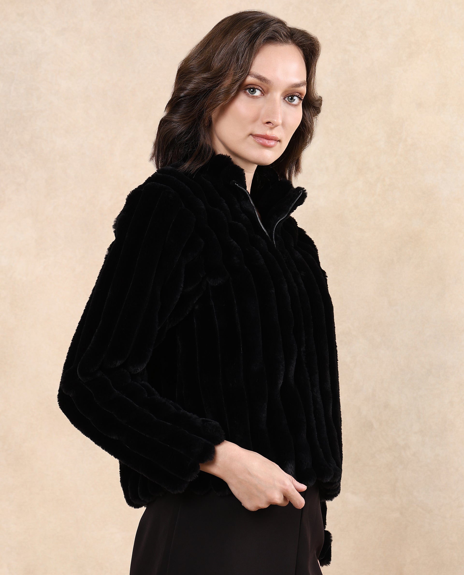 Rareism Women's Armidale Black Cotton Blend Mandarin Collar Plain Regular Fit Jacket