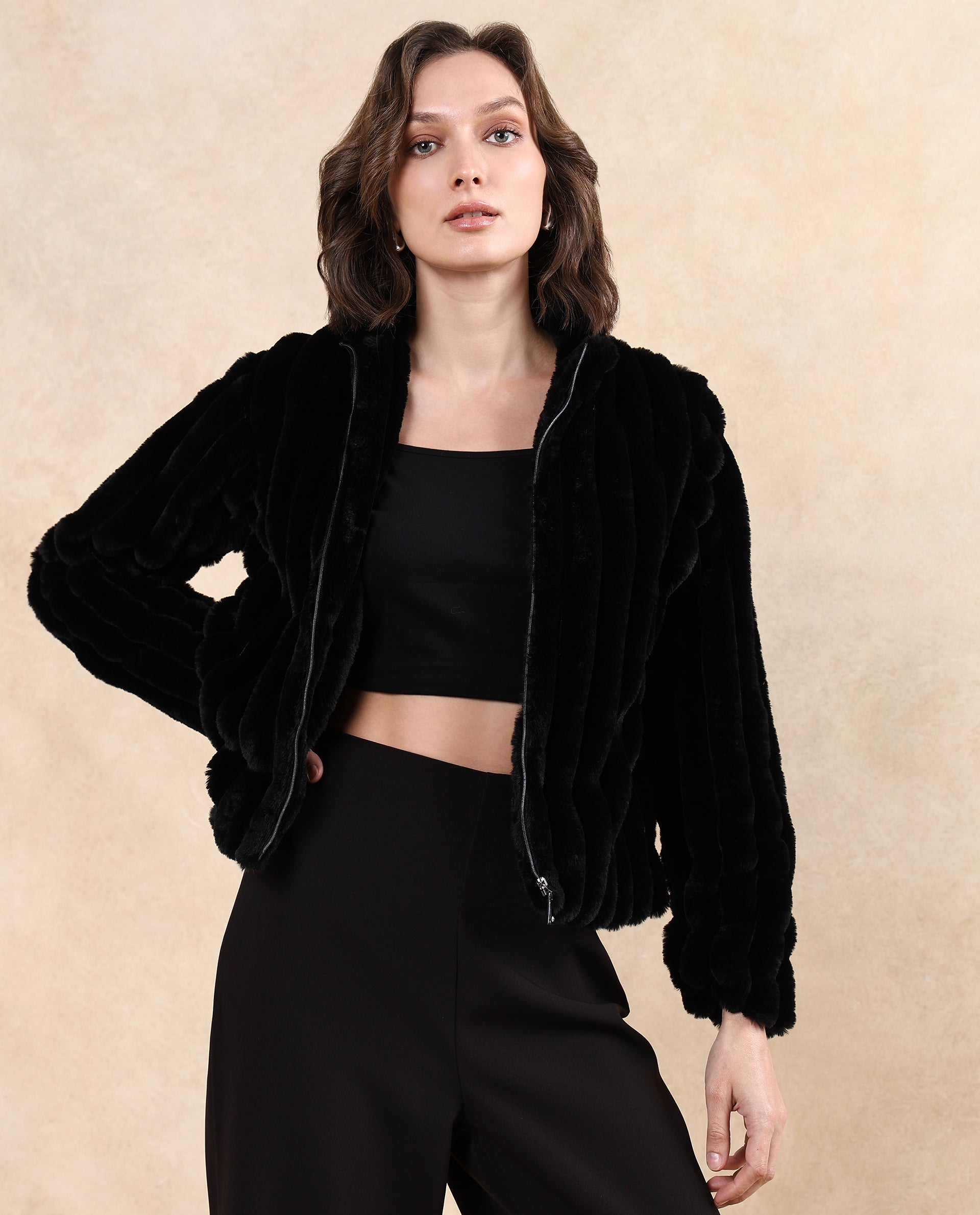 Rareism Women's Armidale Black Cotton Blend Mandarin Collar Plain Regular Fit Jacket