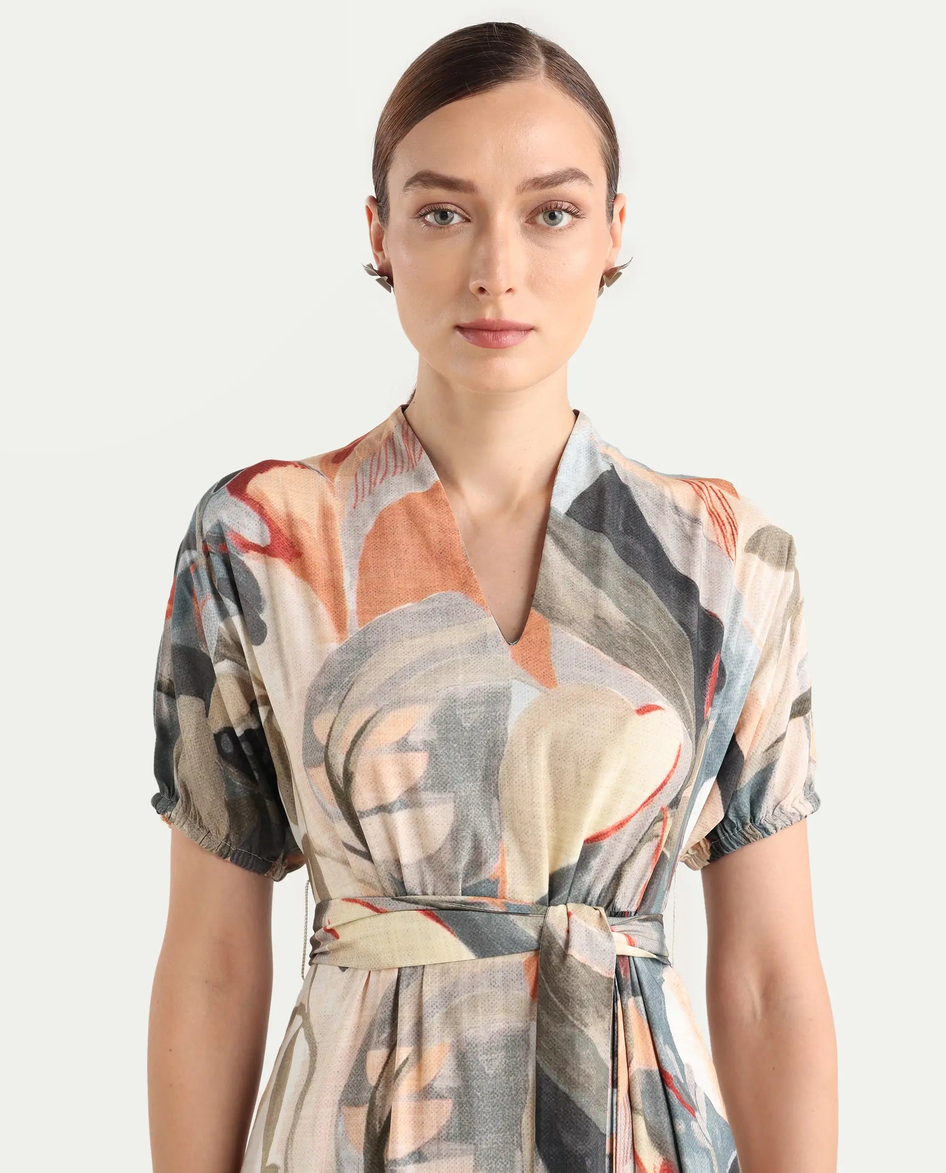 Rareism Women's Arnai Multi Viscose V-Neck A-Line Abstract Print Dress