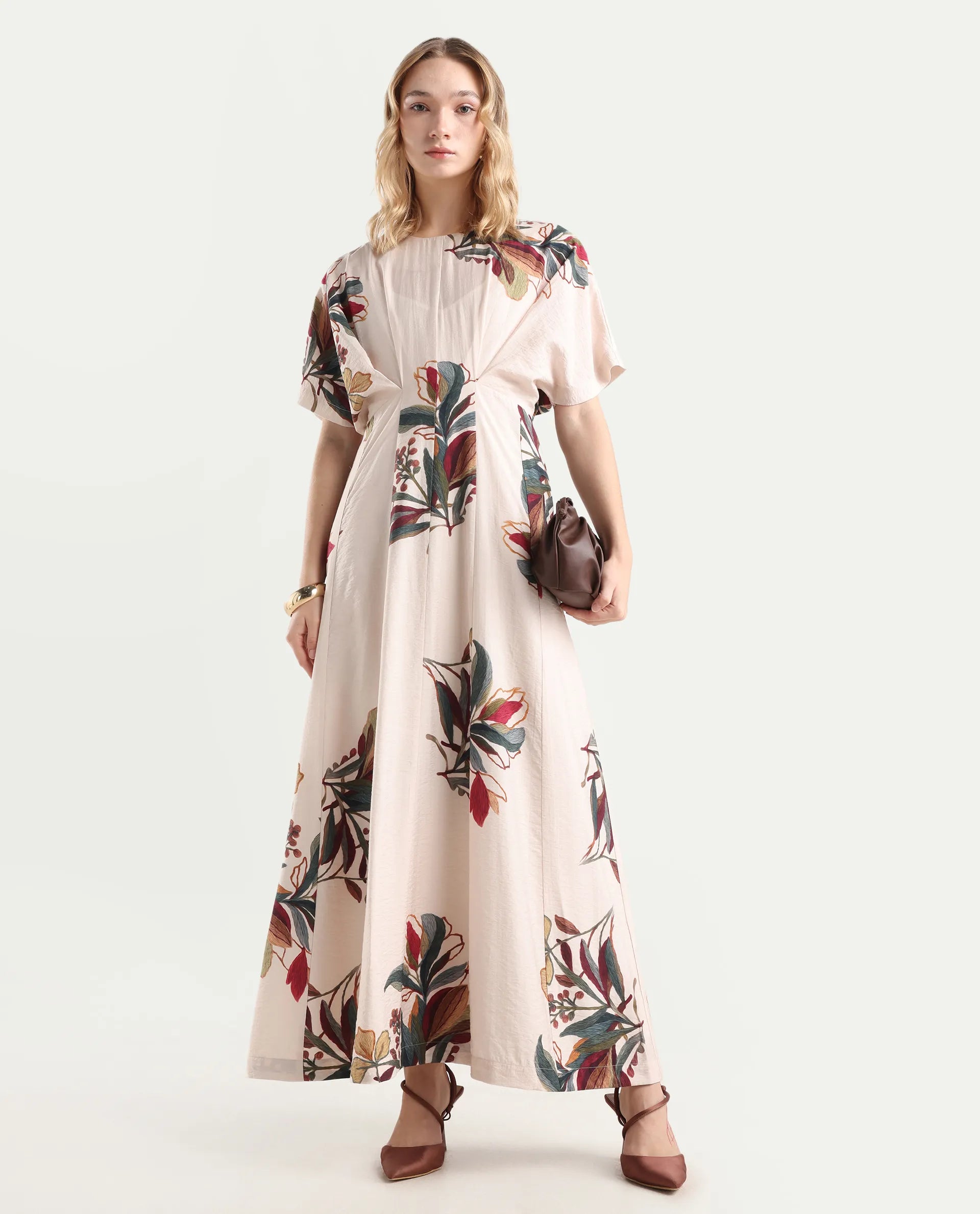 Rareism Women's Aronam Beige Viscose Blend Half Sleeve Crew Neck Flared Dress