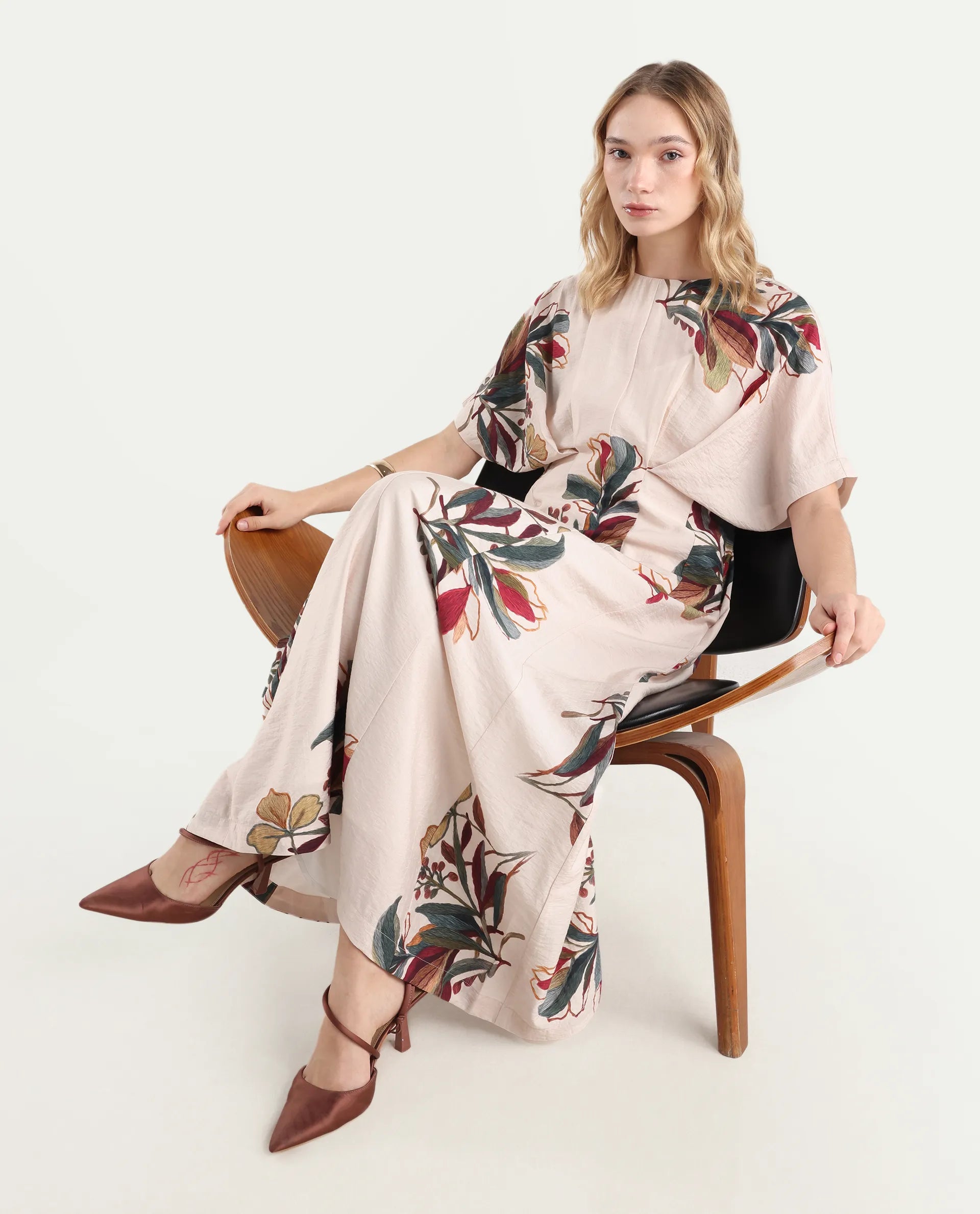 Rareism Women's Aronam Beige Viscose Blend Half Sleeve Crew Neck Flared Dress